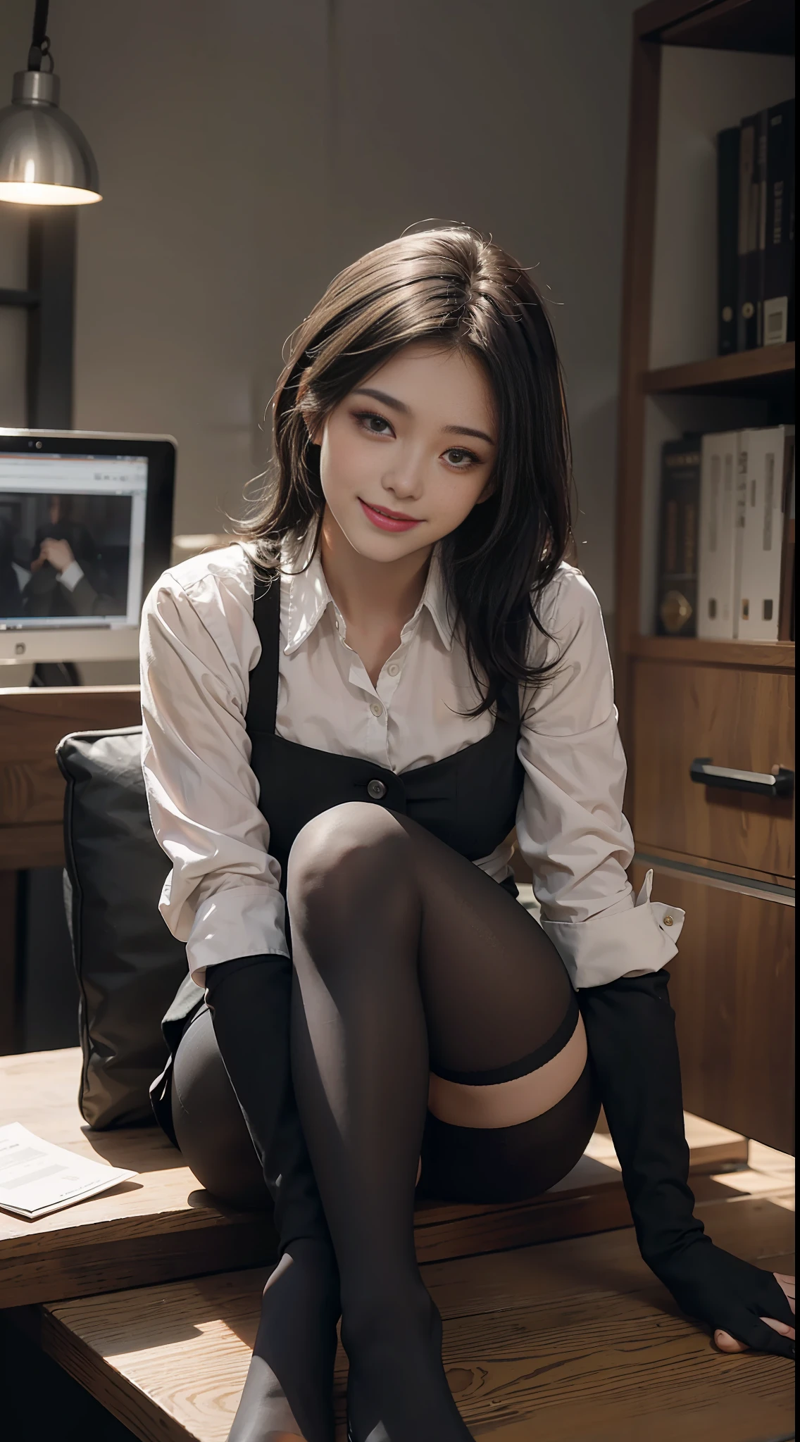 Best Quality, Full Body Portrait, Cinematic Texture Shot, Exquisite Face, Beautiful Face, 20 Year Old Woman, Smiling, Slim Figure, Small Bust, OL Uniform, Office Wear, Black Stockings, Interior Scene, Office, Seated