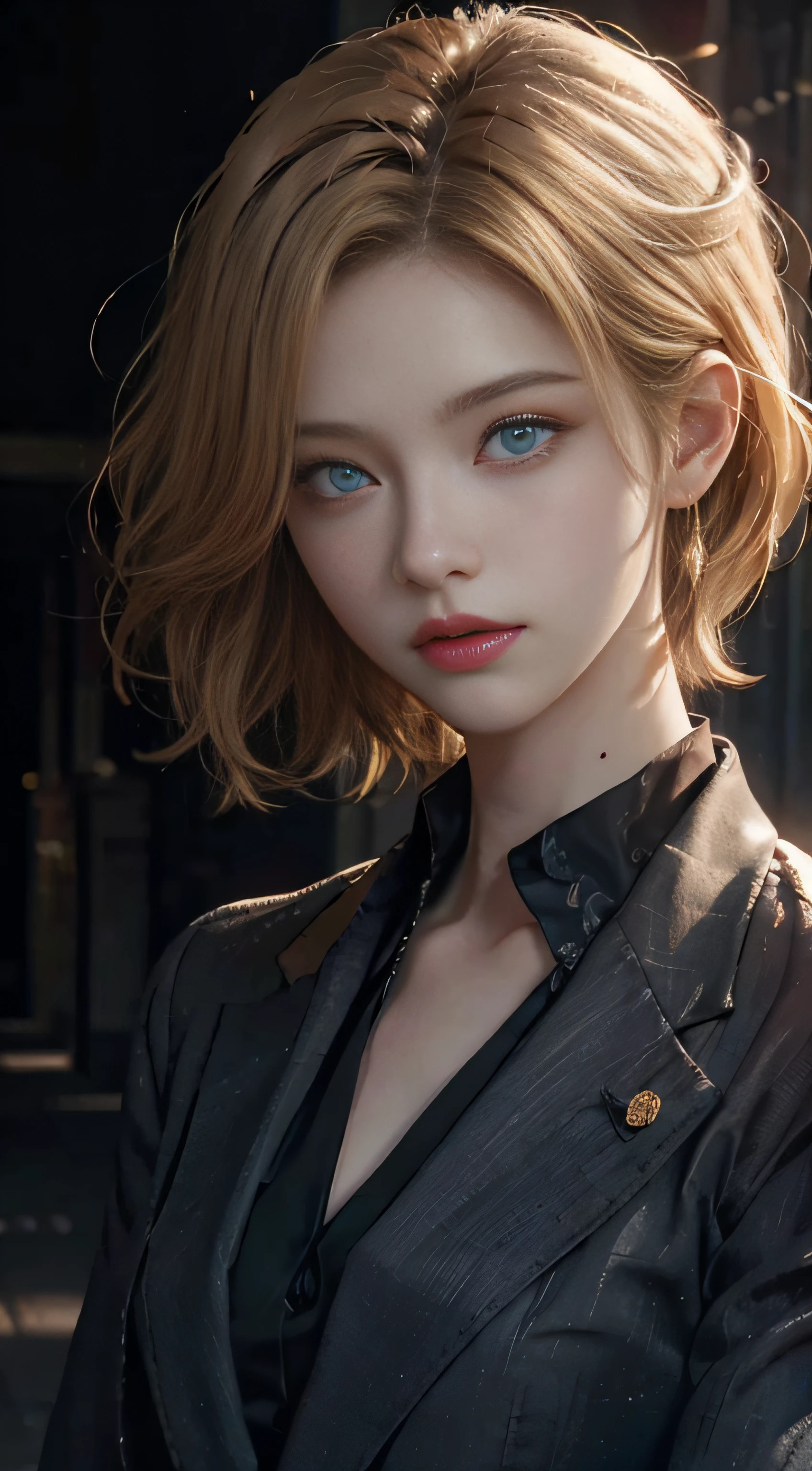 blondehair，Blue Eye，Detailed eyes and face，Black suit，Dynamic lighting，in dark，Deep shadows，