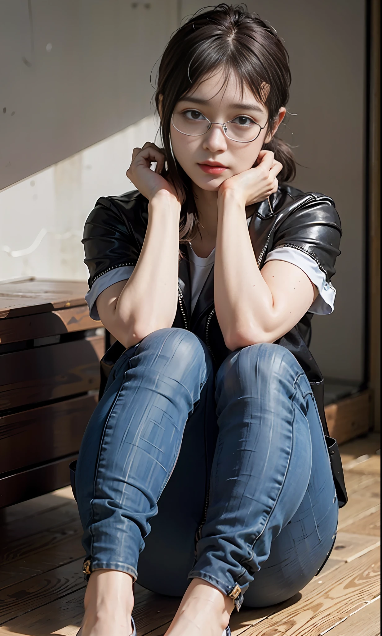 Ulzzang-6500-v1 girl female.1 girl,(Raw Photo:1 girl.2 Maidens), (photorealistic:1 girl.4 pcs), beautifuldetailedgirl, Very detailed eyes and face, The chest is extra-large，Beautiful detailed eyes,, hugefilesize, Hyperdetailed, Highres, RAWExtremely detailed，Bestquality，A Masterpiece，((t-shirt ))，illustartion，RAWExtremely detailed，CG，unified，8k wallpapers，Amazing，Fine details，A Masterpiece，Bestquality，Very detailed CG unified 8k wallpaper，light on the face，cinematic Lighting, 1 girl one girl, 1 girl 6 years old,Long white hair，Side division，(Big boob)，(with glasses on)，((dynamic poses))，(sexypose)，(((Cameltoe)))，(Half body)，((Pantyhose))，((long jeans))，((((Sit with your knees folded)))) dynamic pose, leather jacket, tatoo on skin, motorcycle patches on leather jacket, long jeans