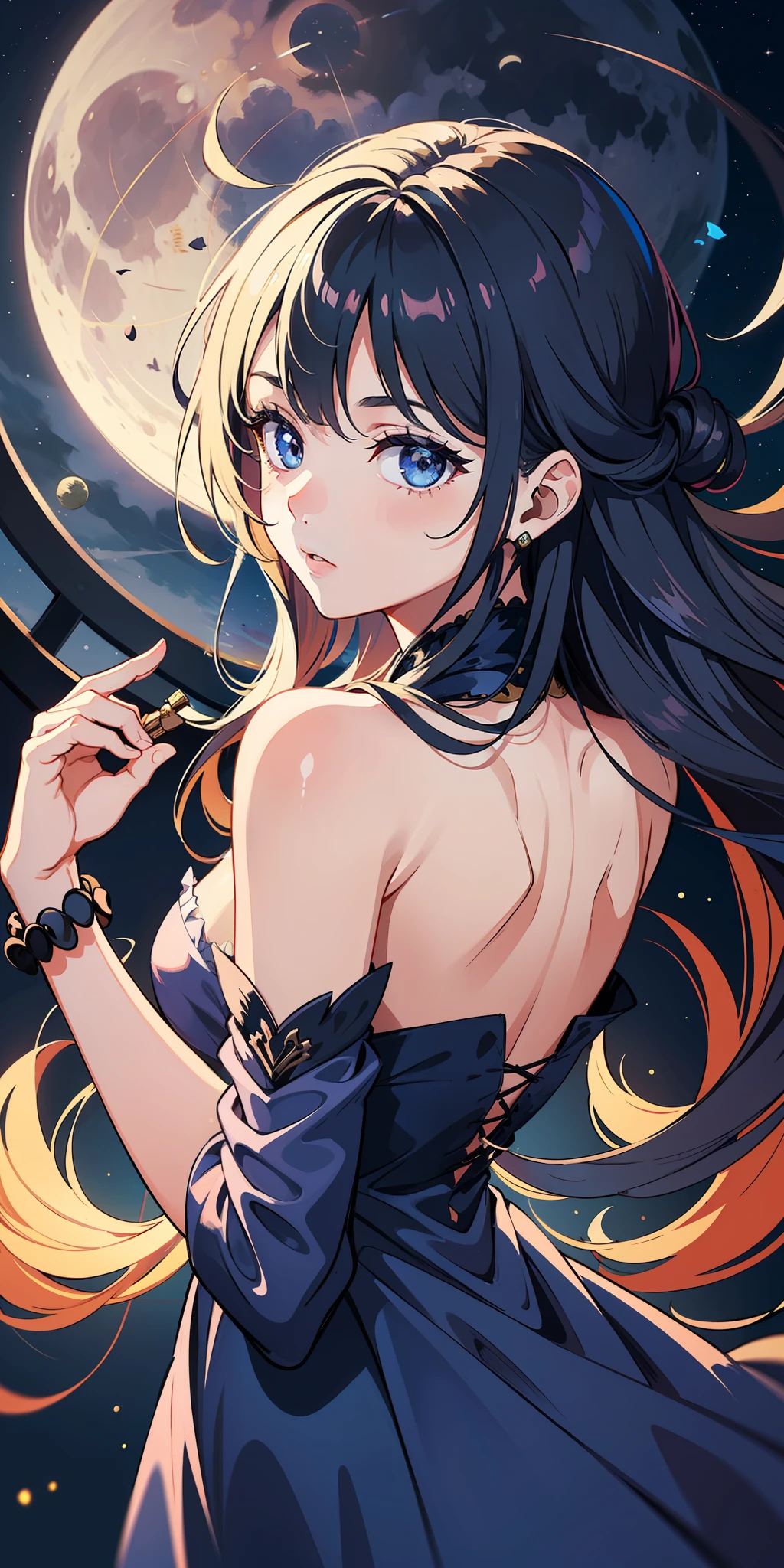 Best possible quality, (ultra resolution 8k),the most beautiful girl, the most beautiful, long hair moved by the wind, looking at the moon, serene look, looking through the window,full moon,firmament, silk dress in motion