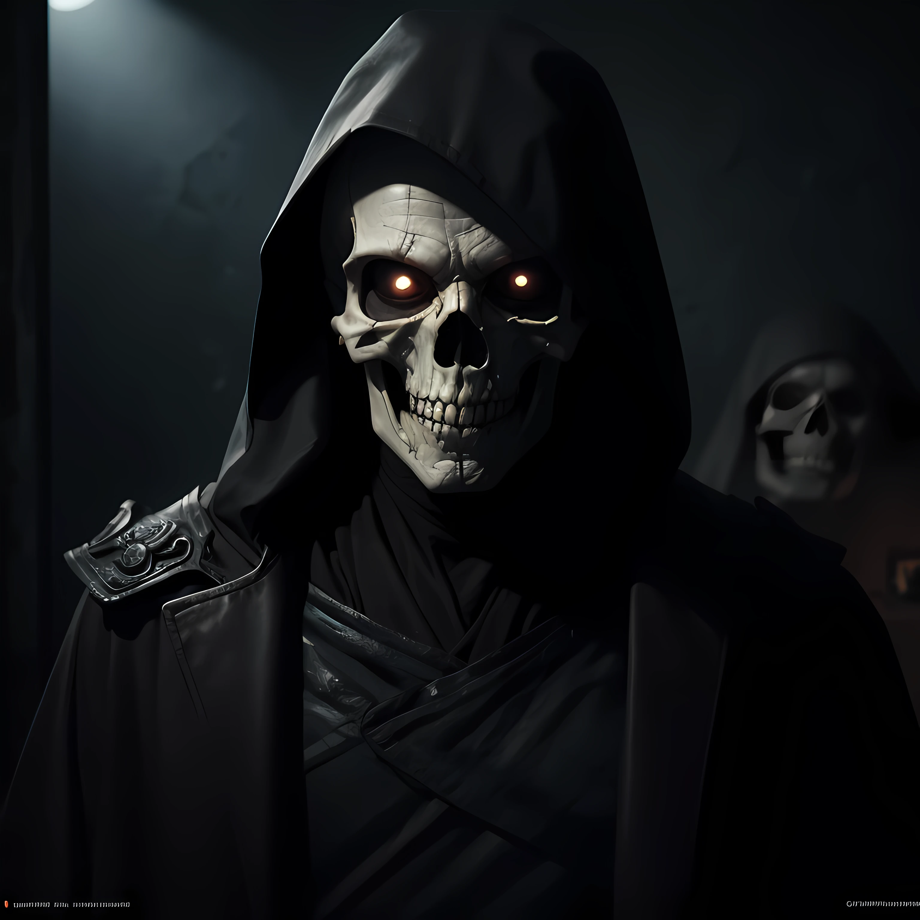 Old man,face half flesh and half skull, Necromancer, [ghoul:skeleton lich:ghoul], black colored hood, Realistic, (photorealistic: 1.1), highly detailed, high quality textures, hyper-realistic, soft shadows, RTX, quality lighting, ((cinematic look)), atmosphere, strong colors, dark photo,