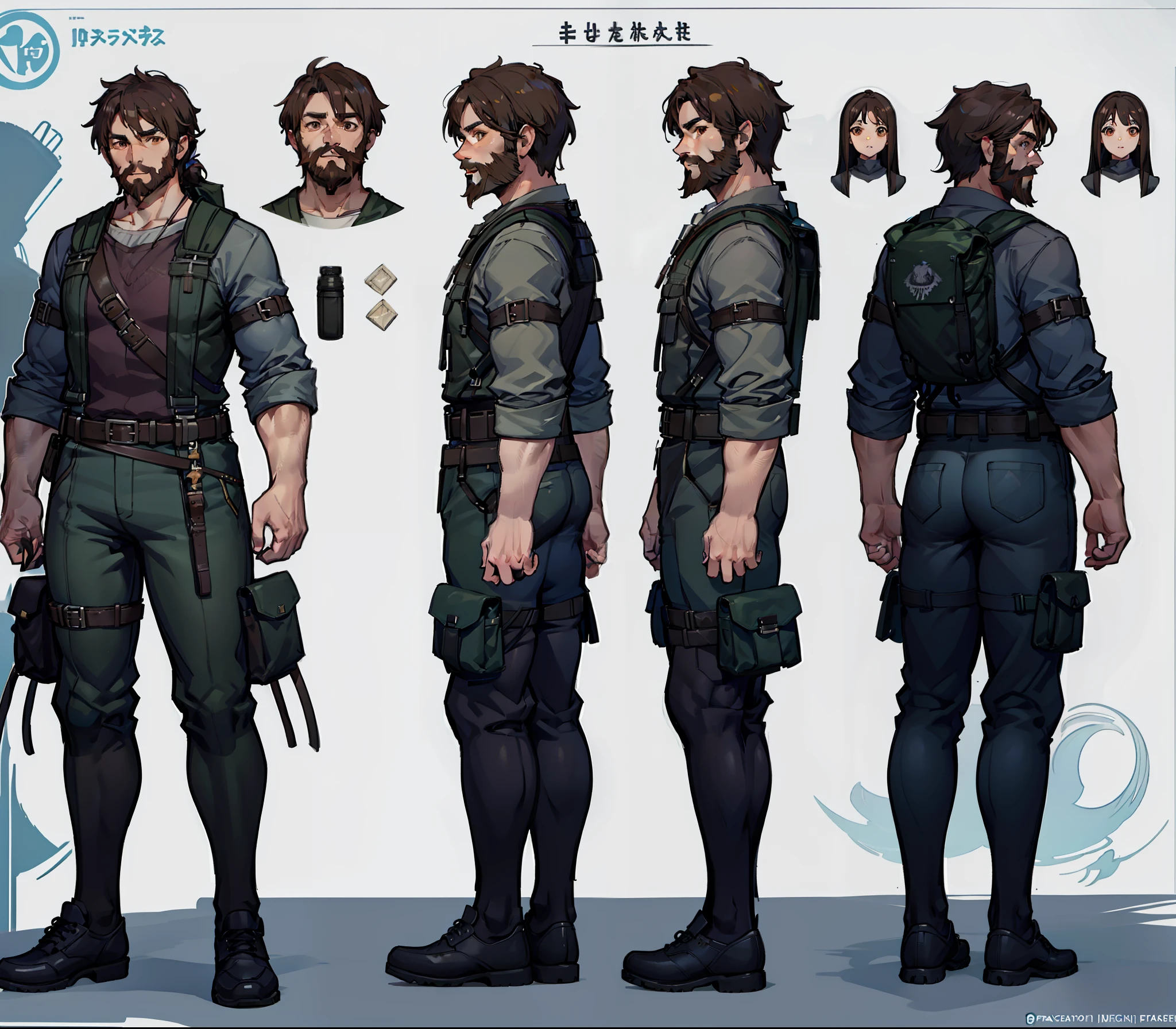 1man, matching outfits, (fantasy character sheet, front, back, side, rear), dwarf, stout, weathered face, thick beard. Deep-set brown eyes, wise and resilient expression. Muscular build, compact height. Practical wilderness clothing, sturdy backpack, essential supplies. (masterpiece:1.2), (best quality:1.3).