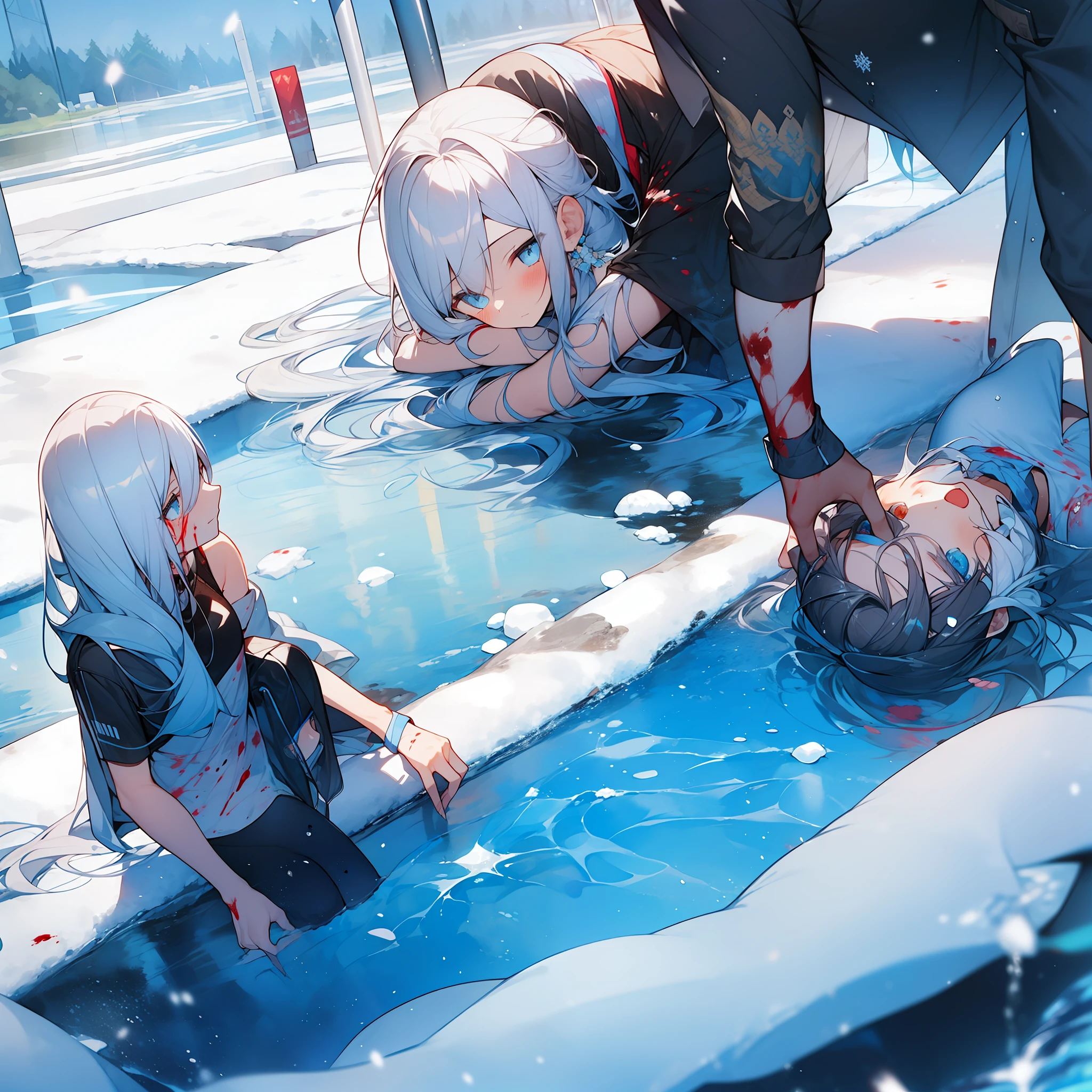 (water colors:1.2),White hair,1girls,Injured on his knees,Blood stained the white snow,Surrounded by scattered ice crystals,Blue eyes,Hair between both eyes