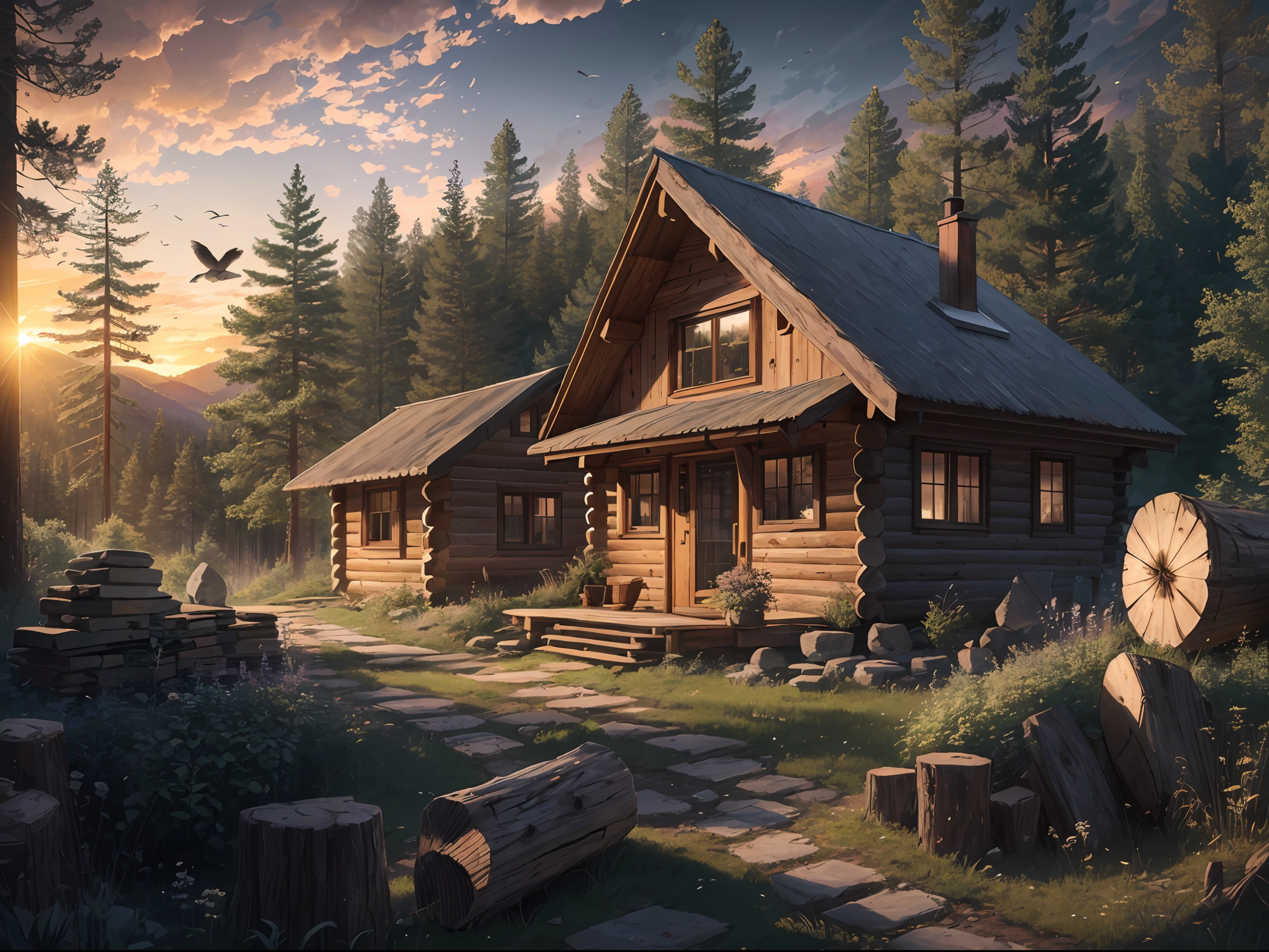 A picture of a log cabin in the mountains with a stone trail leading through the trees to the cabin, pile of chopped wood and an axe beside the cabin, birds flying, cinematic, realism, crystal clear, micro-details, cinematic light, highres, imagination, (realistic), clear skies, composition, sunset, (hdr:1.5), outdoors, intricate details,