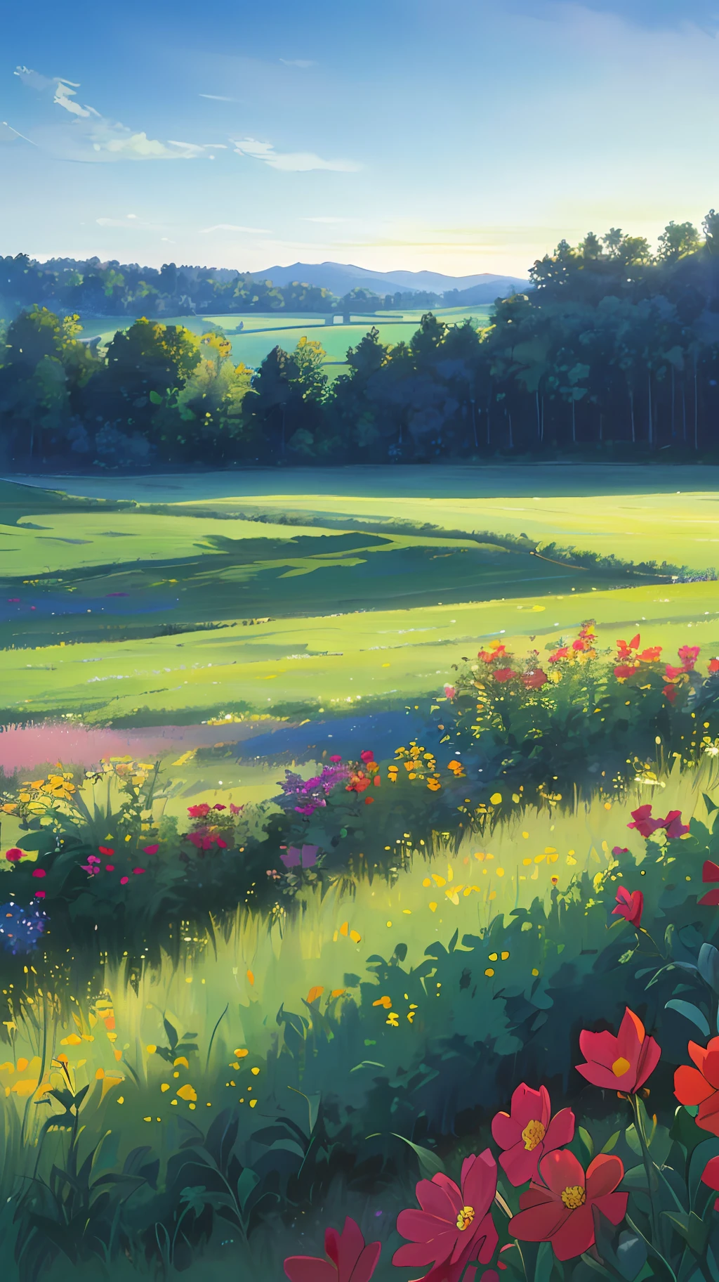 ((masterpiece)), (8k, high_resolution),(best quality), meadow, field, large field, meadow flowers and grasses, landscape, yuezludno, dusk, no sun, twilight, summer, Kyoani Haruh style