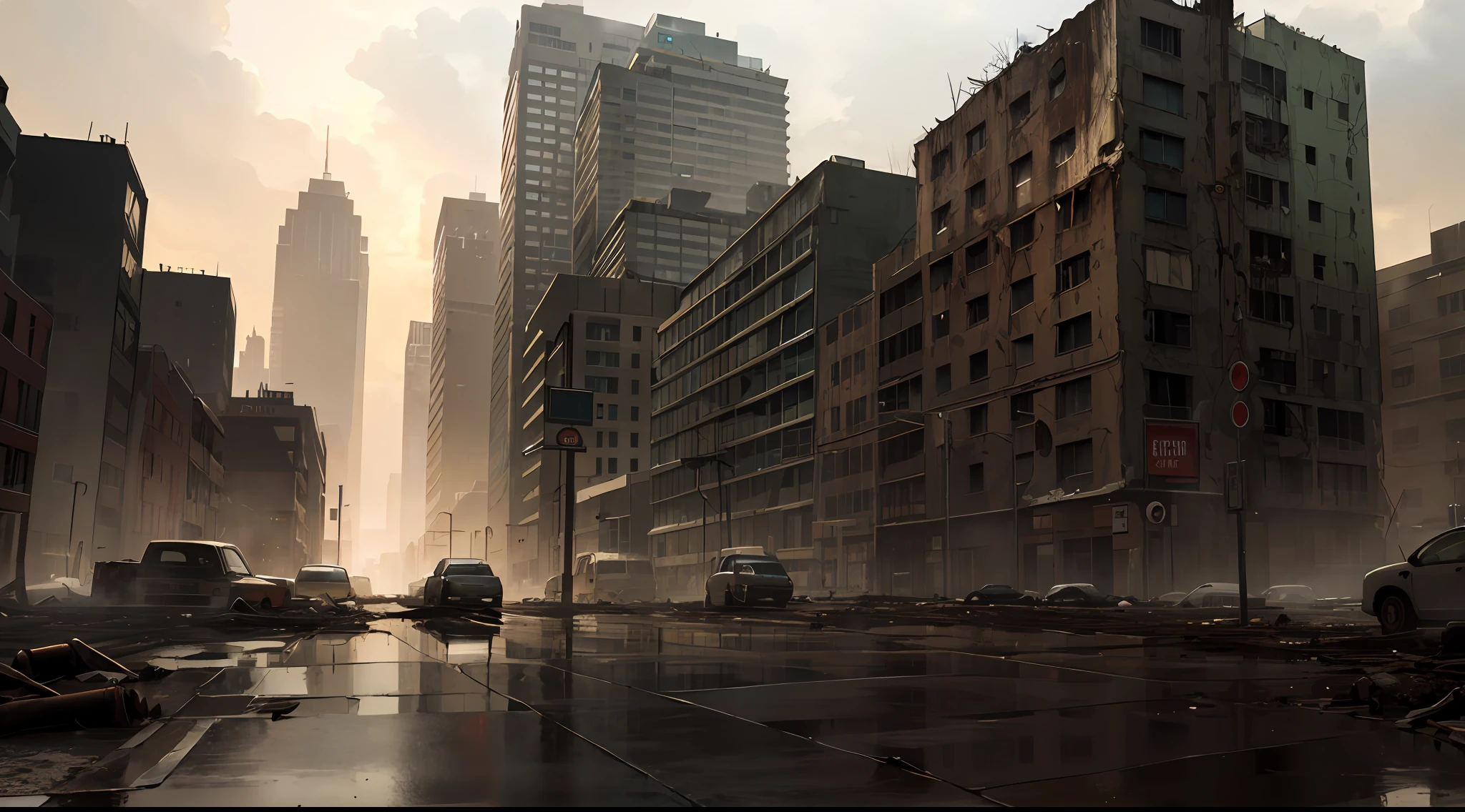 big city, post apocalyptic, gloomy day, thunderstorm, rain, futuristic noir, sepia, buildings covered in a black mold fungus, zombies on the streets, decaying buildings, wasteland, greeny atmosphere,