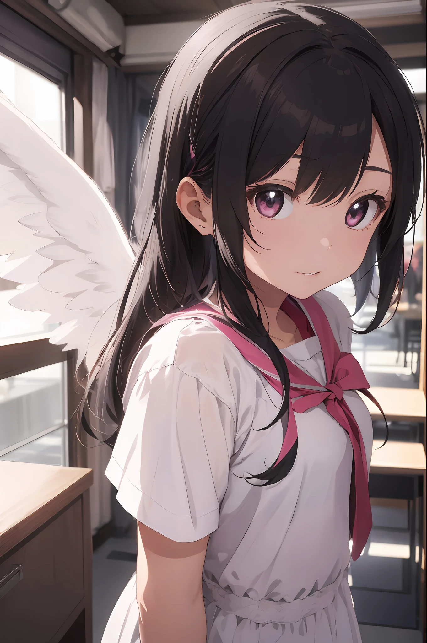 beste Quality、女の子 1 人、sora、Land of Angels、colorful strands of hair、cuddly 、the anime、Sheer white skin、Asian Girls、total body、junior high school student、14歳、Shines、Quiet child、High Contrast、Tempting、sensual、angelic、Glowing on the back2Angel Wings、A ring that glows horizontally above your head、The top of the head is silver hair and the tips are pink、White attire、seethrough