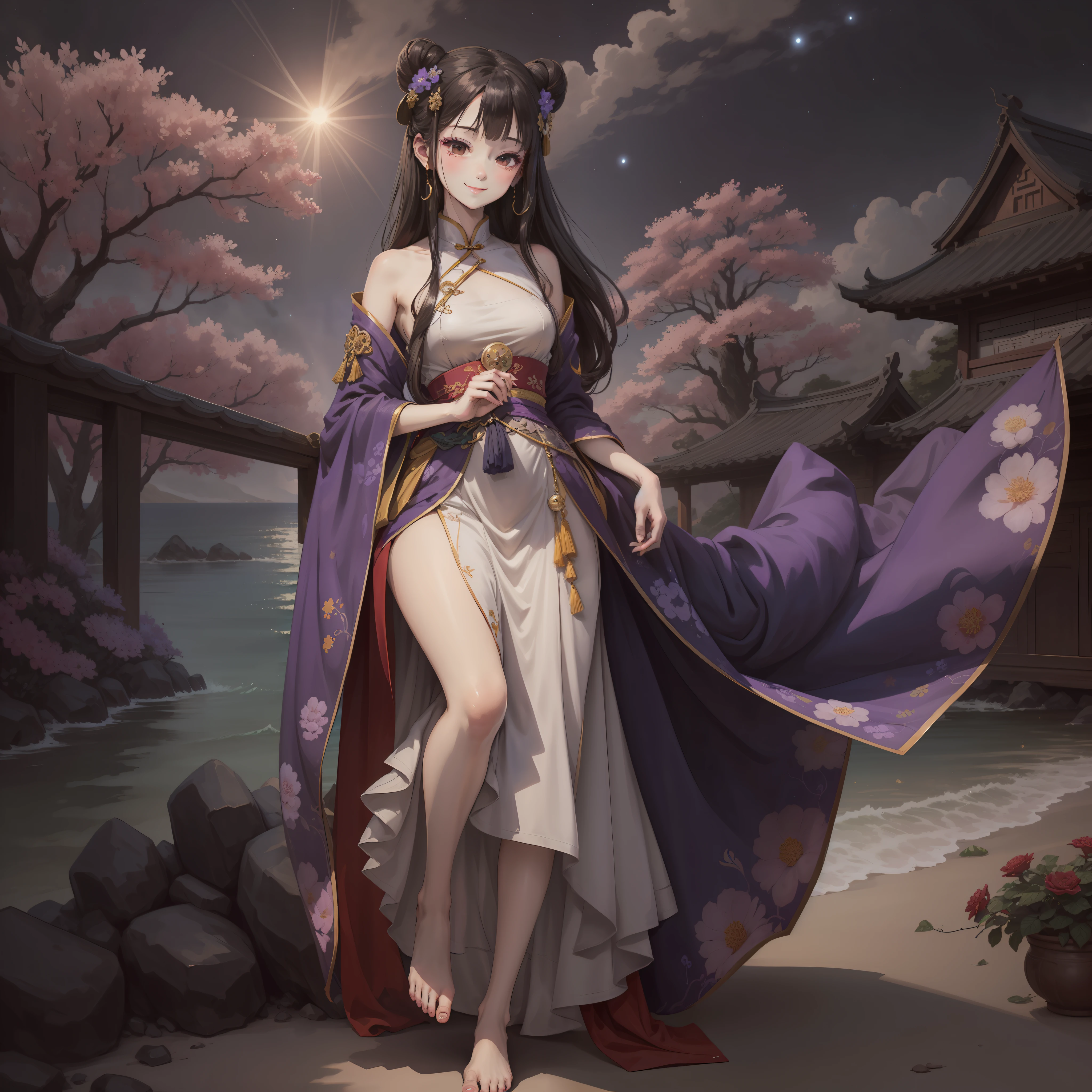 ((4K,master-piece,Best quality)), shuimobysim, Traditional chinese painting, ink, Hanfu, maxiskit, Dress conservatively 1girl, 独奏,Long purple hair, smiled, Side leaning, A smile, barefeet,Sea of flowers,starry sky --auto