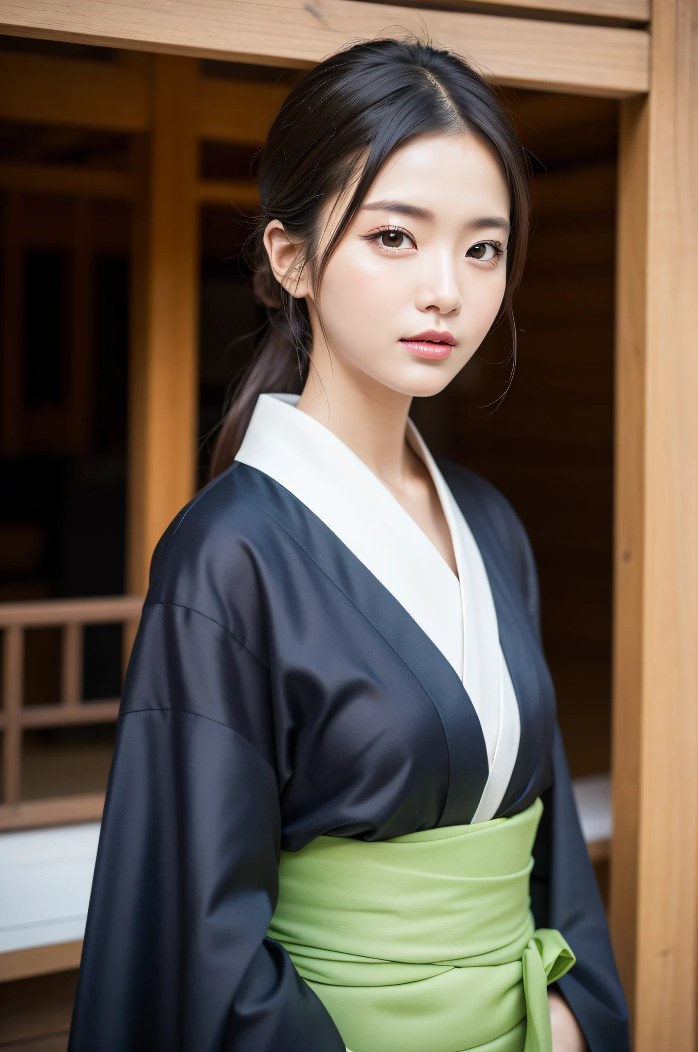 ((Best Quality, 8K, Masterpiece: 1.3)), Sharp Focus: 1.2, (Super Beautiful Face: 1.0), (Slender Abs Beauty: 1.0), (Shiny Skin: 1.0), Realistic Photography, Black Hair, Realistic Pupils, Video Lighting, High Definition Eyes and Face, Video Lighting, (Cowboy Shot: 1.3), (Kimono, Hakama, Obi: 1.4), (Korean Cute Actress), Traditional Kimono, Front Off, Big