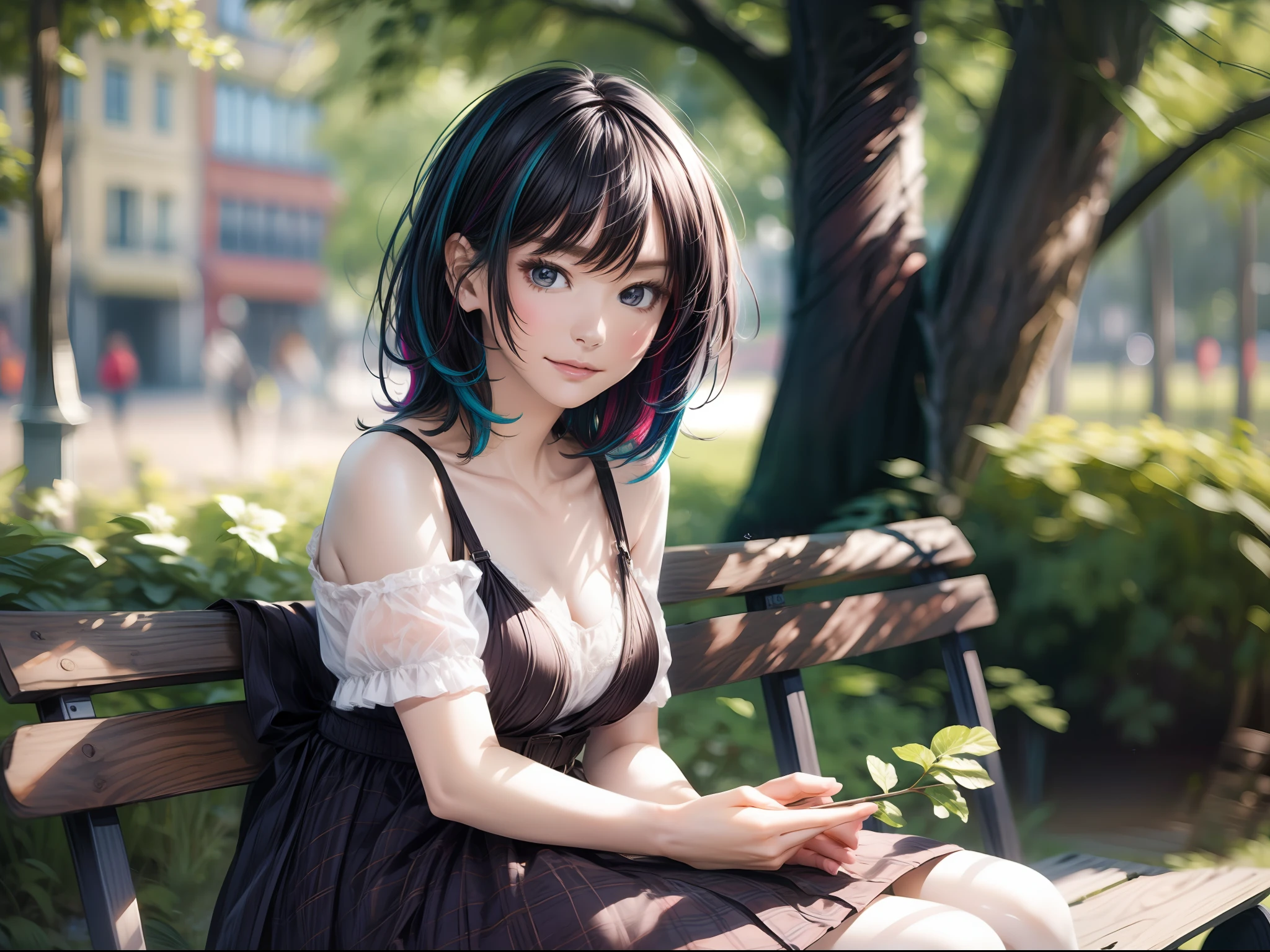 (masterwork)、Ultra-detail、in 8K、Reference sketch of career woman beauty gal girl、She has short hair and、Black hair、The inner color of the hair is colorful、Ultra-realistic and sharp details、Intricate and intricate details、style、It looks comfortable to take a break on a bench in the shade of a tree in a summer city park and stretch out Fig.