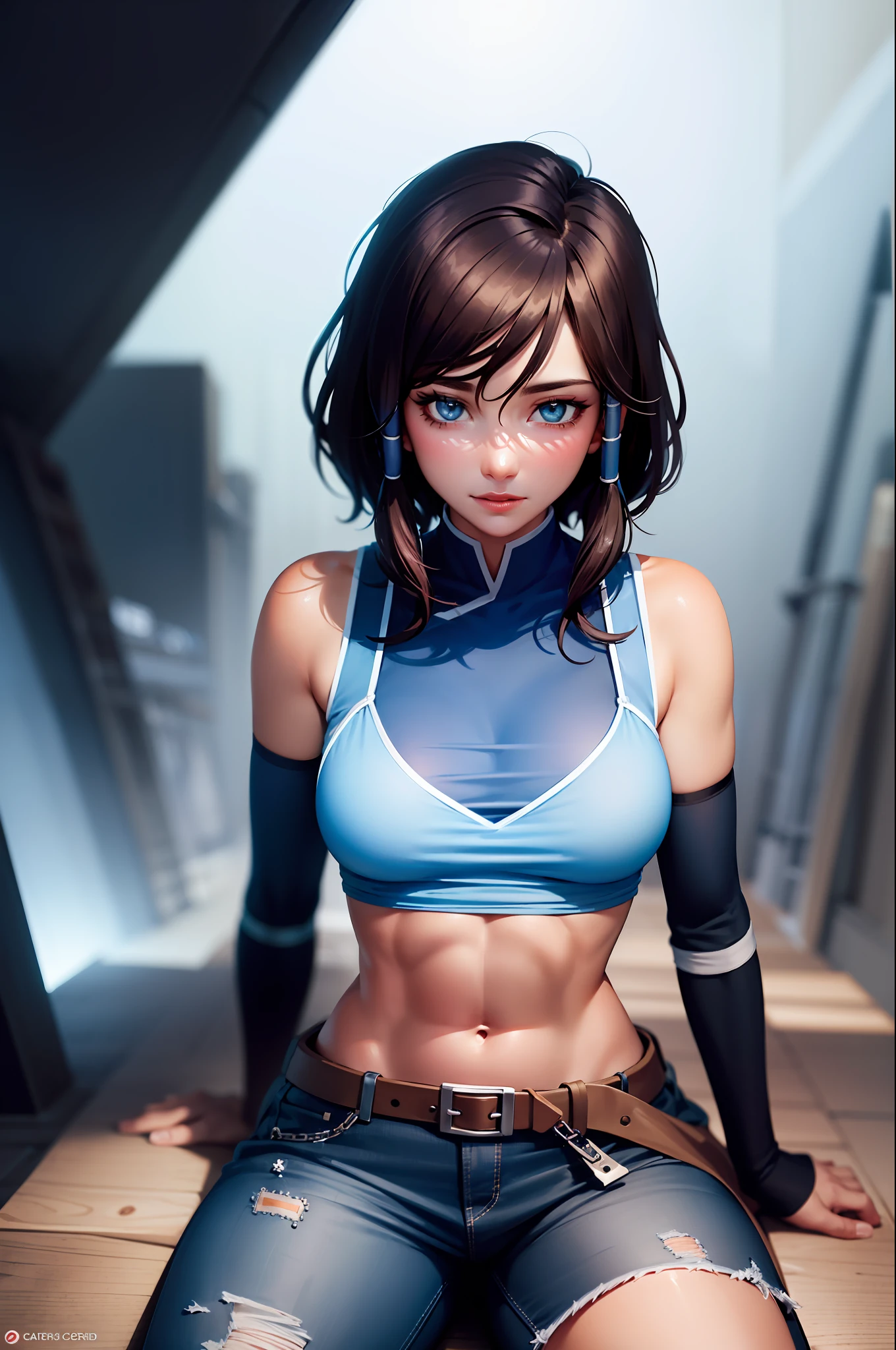 Korra, sitting on some stairs, ripped jeans, tank top, ((pulls up her shirt)) , slightly muscular, Beautiful anime waifu style girl, hyperdetailed painting, luminism, art by Carne Griffiths and Wadim Kashin concept art,  post-apocalyptic background, abstract beauty, approaching perfection, pure form, golden ratio, minimalistic, dark atmosphere, unfinished, concept art, intricate details, 8k post production, high resolution, hyperdetailed, trending on artstation, sharp focus, studio photo, intricate details, highly detailed, by Jon Bauer