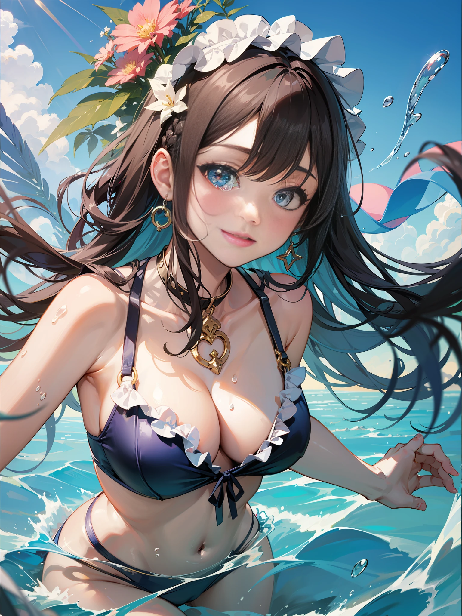 Swimsuit, Lolita style swimsuit, exquisite hair accessories, holding a swimming ring in his hand, jumping into the water, splashing, happy