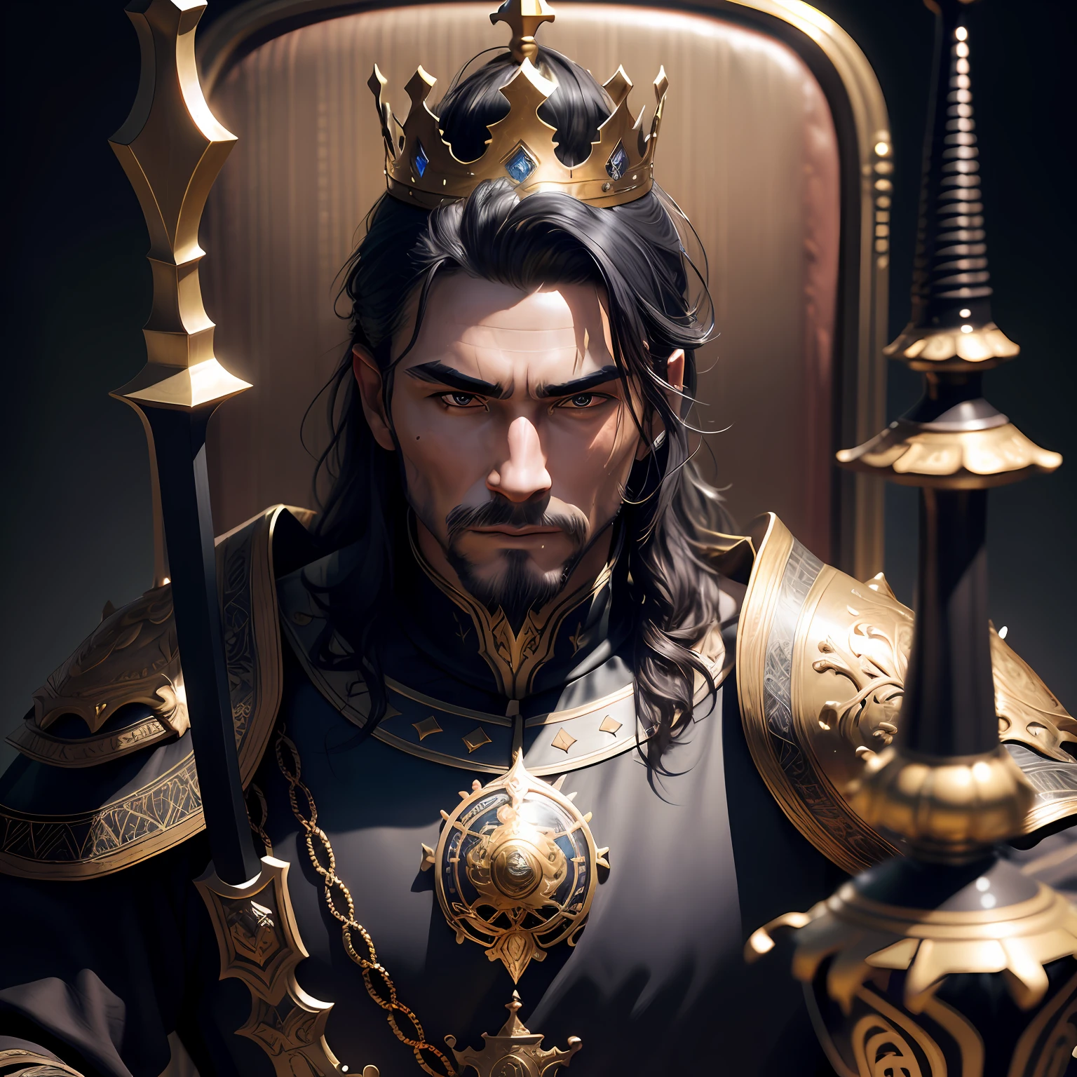 Wears a purple-gold crown on his head。Dressed in bright silver armor，Wear a helmet on your face，Strong sense of technology in the background，3 d cartoon --auto