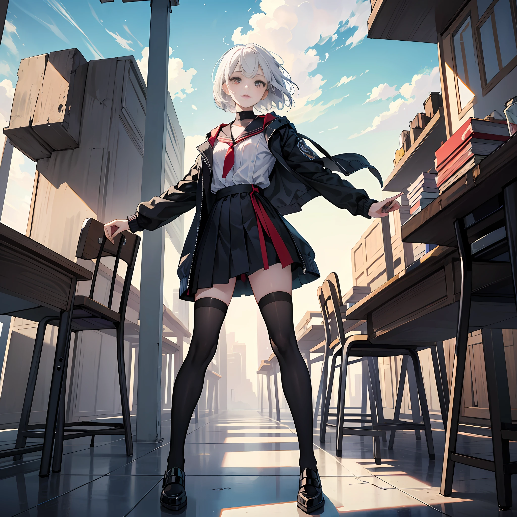 best quality,highly detailed,masterpiece,ultra-detailed,red pupils,expressionless,{{cute anime face}},{{{beautiful detailed eyes}}},white hair,cumulus,floating,mouldy,short hair,{Mechanical girl},cracked floor,Tables and chairs in disarray,cold attitude,damaged classroom,jacket,The residual eaves DuanBi,beautiful sky,{{{1girl}}},best quality,Dead end machine,{beautiful detailed girl},illustration,{broken robot},{{{masterpiece}}},wind --auto
