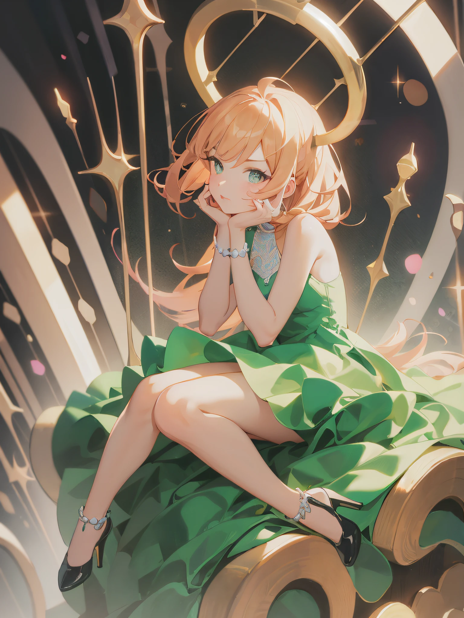 Anime girl sitting in chair,Wearing a green dress and black shoes, cute anime waifu in a nice dress, tatsumaki, in dress, rin, trending on artstation pixiv, digital art on pixiv, zerochan art, marin kitagawa fanart, guweiz on pixiv artstation, made with anime painter studio, Anime style 4 K
