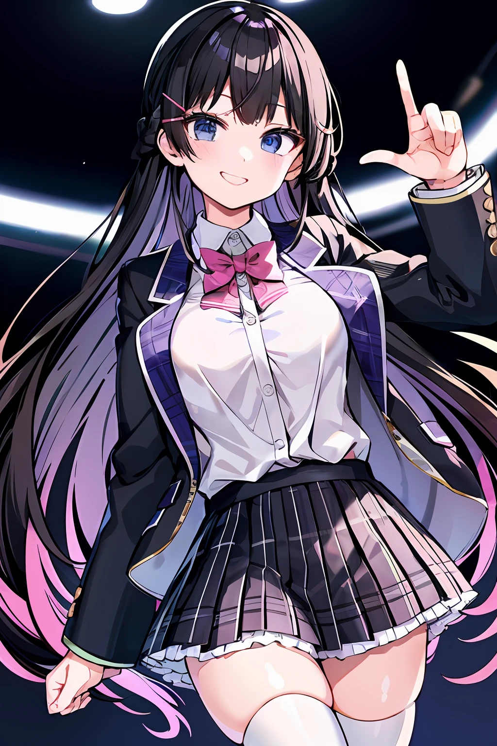 tsukino mito, long hair, virtual youtuber, skirt, thighhighs, black hair, jacket, bow, blazer, black jacket, hairclip, hair ornament, white thighhighs, bangs, braid, pleated skirt, pink bow, school uniform, bowtie, very long hair, long sleeves, shirt, collared shirt, white shirt, blue eyes, pink bowtie, plaid skirt, plaid, black skirt, miniskirt, standing,