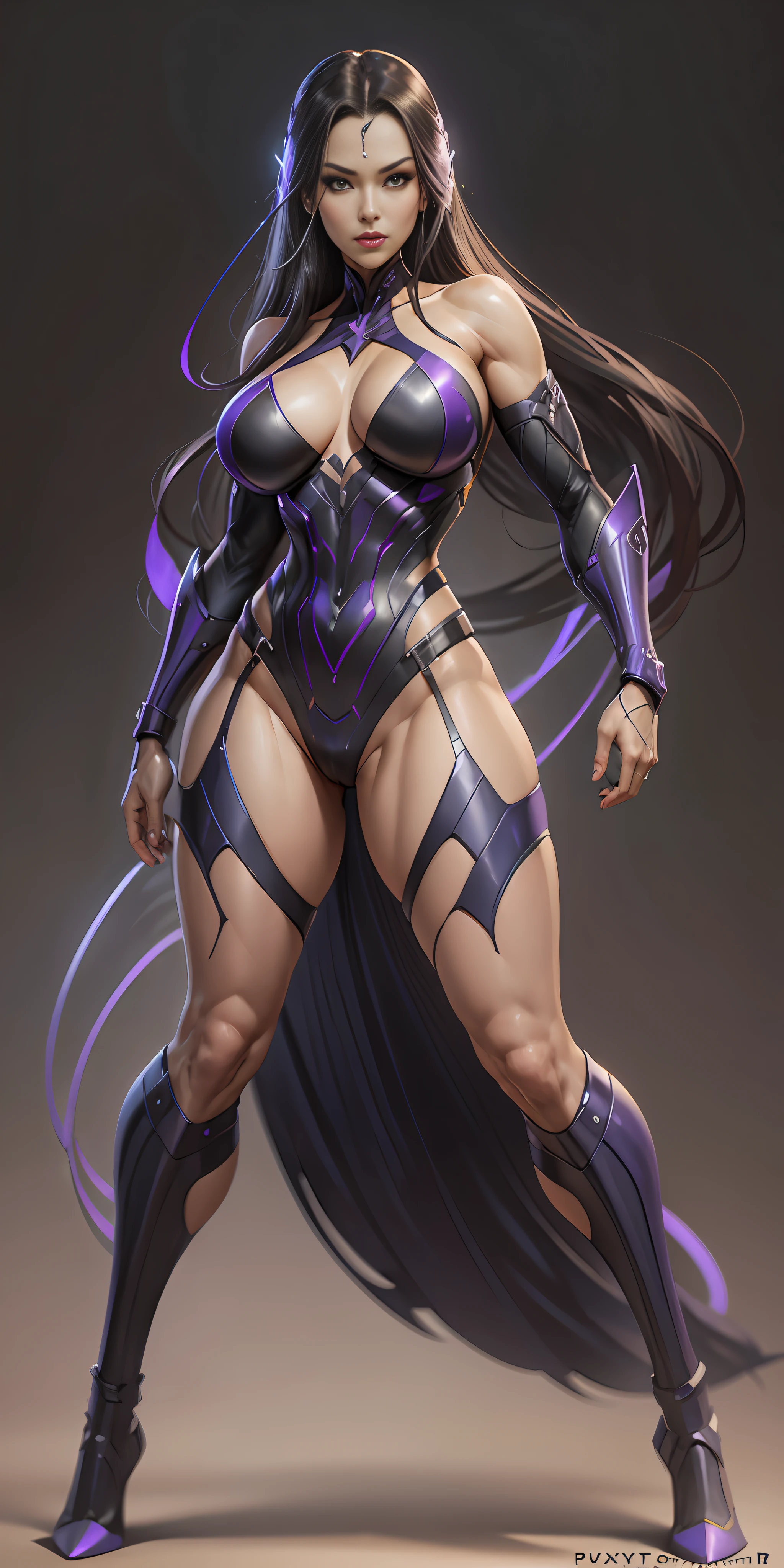 Psylocke from Marvel, big breasts, frontal, full-length, looking at the camera, facing the audience, standing pose, simple background, three-dimensional light, detailed full-body concept, sleek digital concept art, beautiful full-body concept art, art trend, CGsociety full-length,