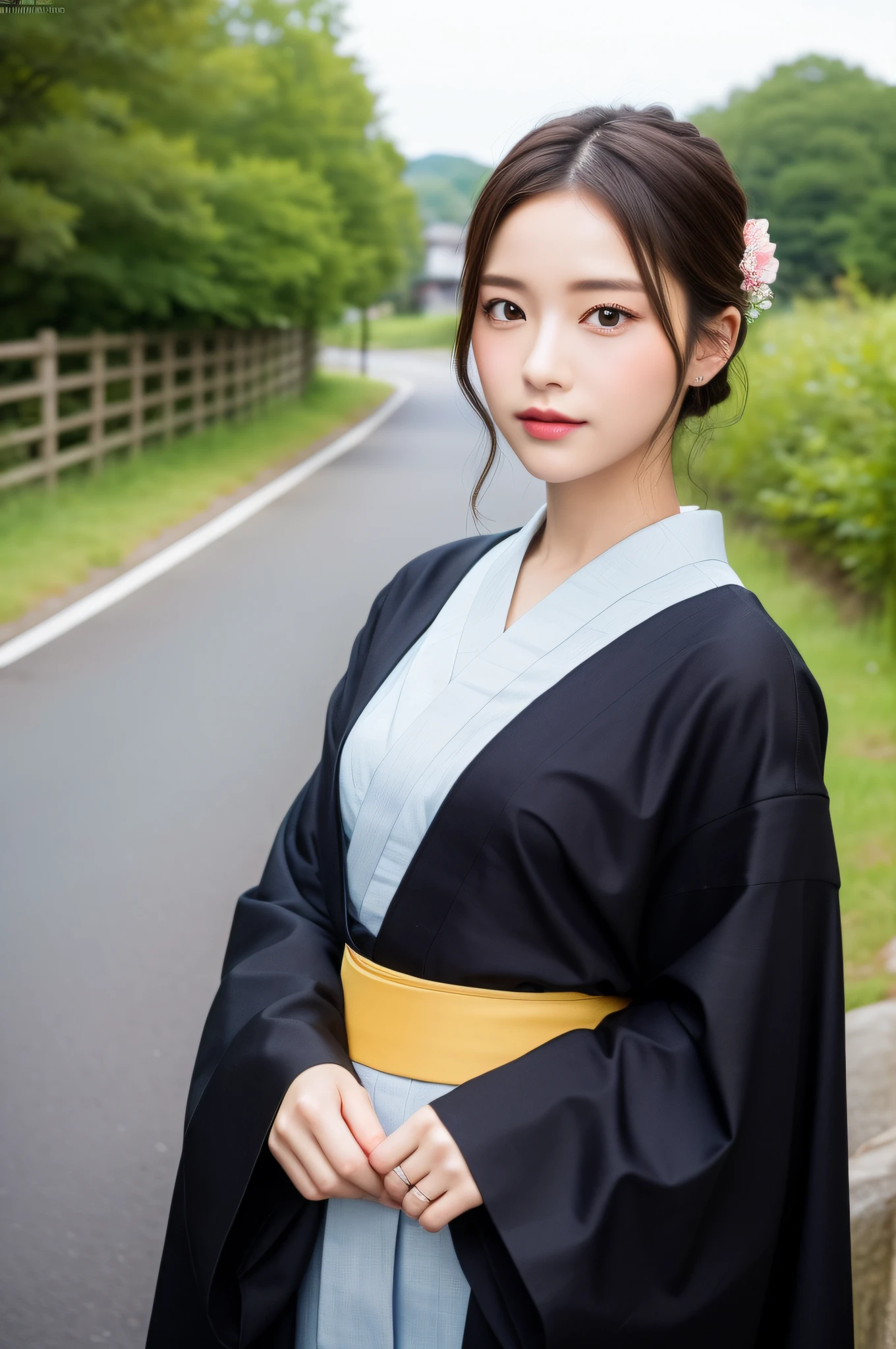 ((Best Quality, 8K, Masterpiece: 1.3)), Sharp Focus: 1.2, (Super Beautiful Face: 1.0), (Slender Abs Beauty: 1.0), (Shiny Skin: 1.0), Realistic Photography, Black Hair, Realistic Pupils, Video Lighting, High Resolution Eyes and Face, Video Lighting, (Cowboy Shot: 1.3), (Kimono, Hakama, Obi: 1.4), (Korean Cute Actress), Traditional Kimono, Big