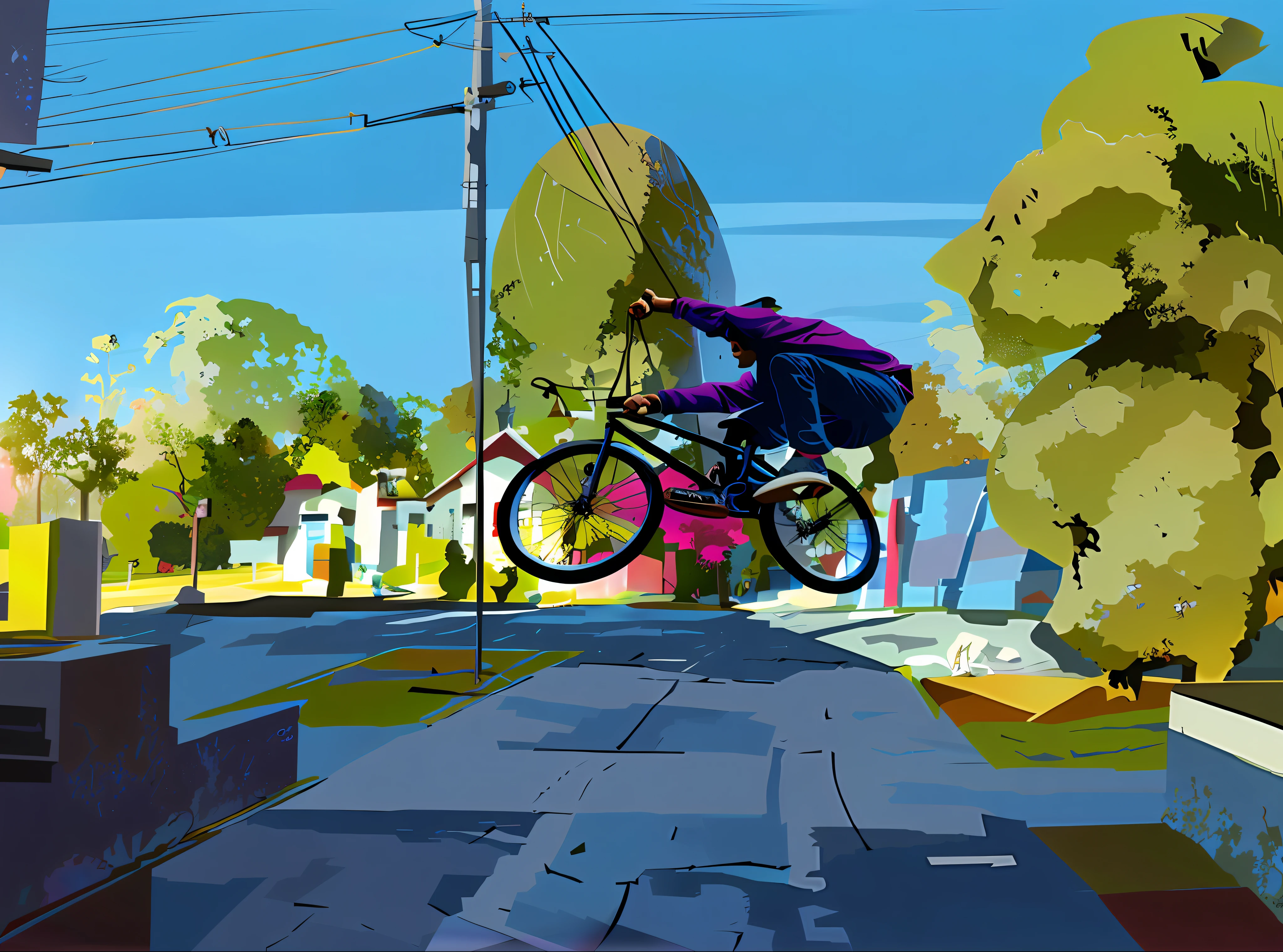there is a man riding a bike on a street in a cartoon style, jen bartel, painterly illustration, low detailed. digital painting, by Trevor Brown, cyril rolando and goro fujita, painting by android jones, in style of digital illustration, rob rey and kentaro miura style, inspired by mads berg, by Craig Thompson