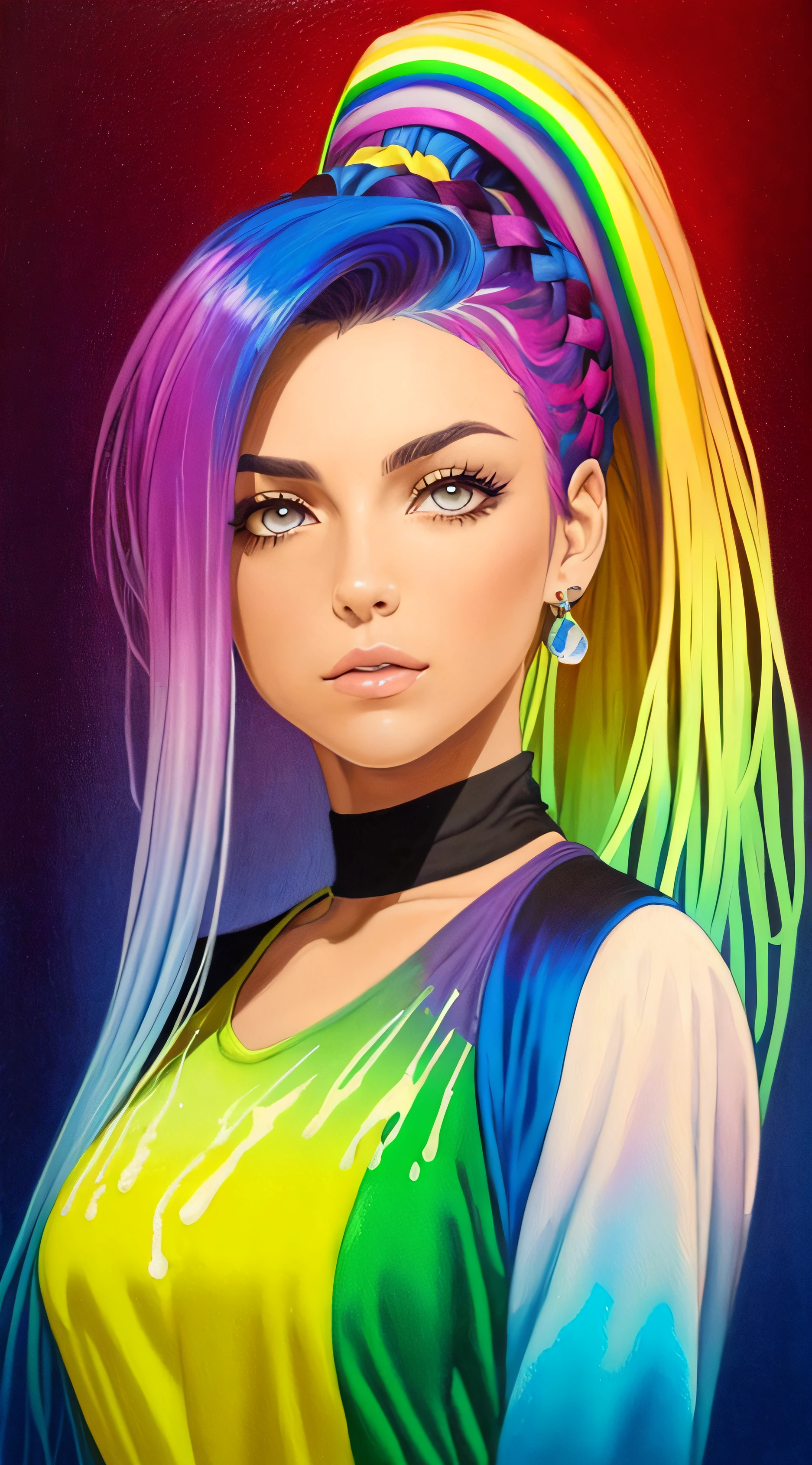 Foto de Jennifer Esposito,fotorrealista,(Camiseta Rosa Moda: 1.9),(Cor do Cabelo: 1.8), (all colors of the rainbow: 1.8),((((pintura vertical:1.6))), (pintura: 1.6),testa, Comics, Illustrations, Tintas, olhos grandes, olhos de cristal,( high ponytail rainbow color gradient:1.7), maquiagem requintada, boca fechada,(Pequeno fresco: 1.5),(Peito limpo: 1.5),(Peito limpo: 1.5) 1.6), longeyelashes, camiseta branca off-shoulder, camisa branca do ombro, looking at the audience, grandes olhos lacrimejantes, (rainbow hair color:1.6), salpicos de cor, (somente: 1.8), respingo de cor, Color explosion, estilo de pintura grossa, messy lines, ((brilhante)), (Colouring), (Colouring), (Colouring), Colouring, estilo de pintura grossa, (chapinhar) (salpicos de cor), pintura vertical, parte superior do corpo, Splatter de tinta, Acrylic Pigment, gradiente, pintar, A mais alta qualidade de imagem, very high quality, Masterpiece, floor, profundidade de campo, pintura facial, roupas coloridas, (elegante: 1.2), Beautiful, Cabelos Longos, vento, (elegante: 1.3), (Petals: 1.4),((Masterpiece))),((melhor qualidade))),((ultra-detalhado)),(ilustration),(angle dynamic),((Flutuante)),(pintura),((cabelos desgrenhados)),(somente),(1Menina) , (((Rosto anima detalhado))),((Rosto anima detalhado)),(rosto bonito e detalhado )),colar,ombros nus,cabelos brancos, ((Cabelos Coloridos)),((cabelo listrado)),(olhos detalhados bonitos,(gradient color eyes),((Eye Colorations))),(((Background Coloring ))),(high saturated))),((surrounded by splashes Colorings))), --auto