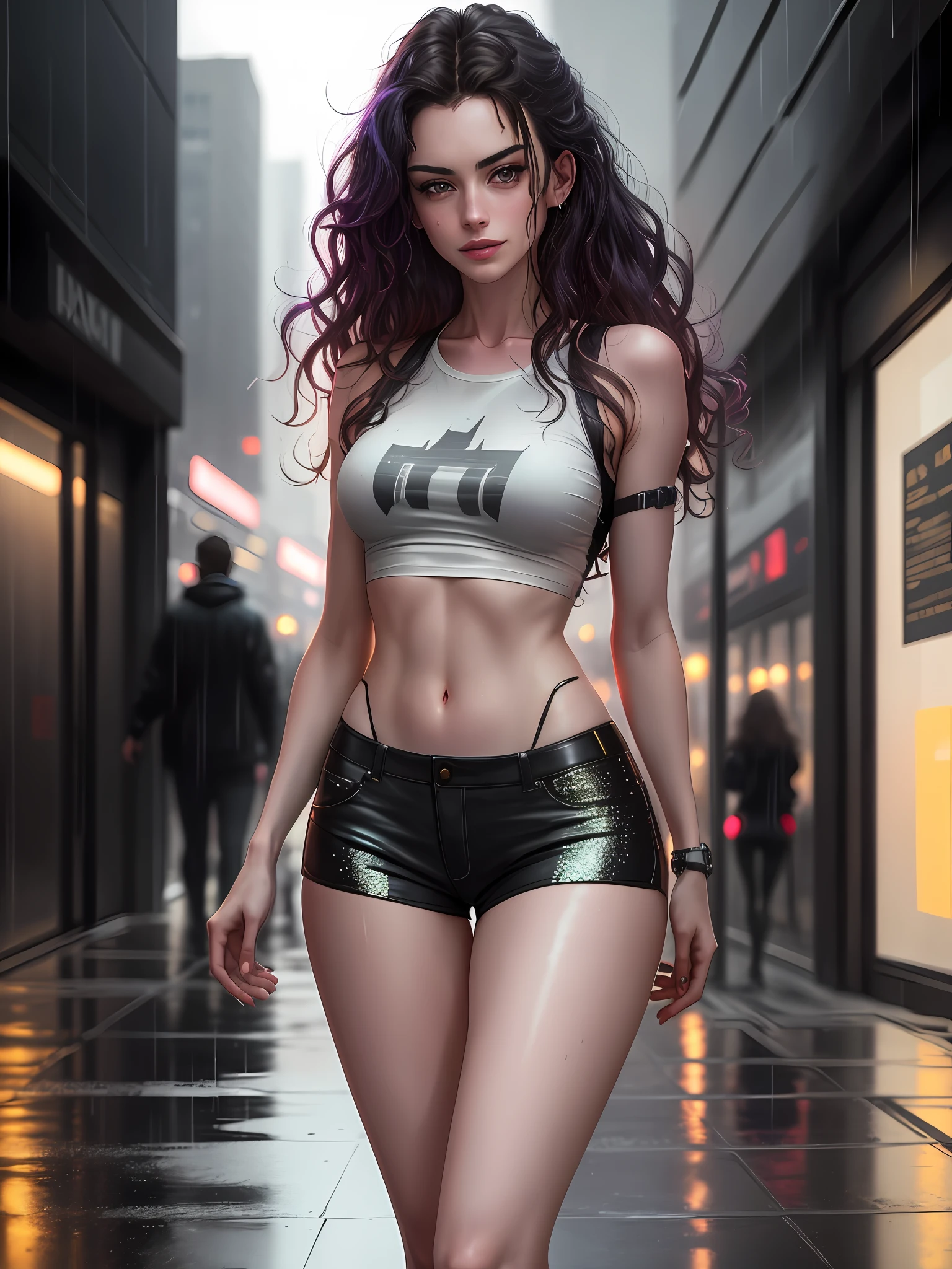 gorgeous blonde woman with wavy hair detailed alluring eyes Thigh gap long sexy legs wearing tiny shorts tshirt in beautiful futuristic cyberpunk+ city, mist, wet, raining, best quality masterpiece, photorealistic, detailed, 8k, HDR, shallow depth of field, broad light, high contrast, backlighting, bloom, light sparkles, chromatic aberration, sharp focus, RAW color photo