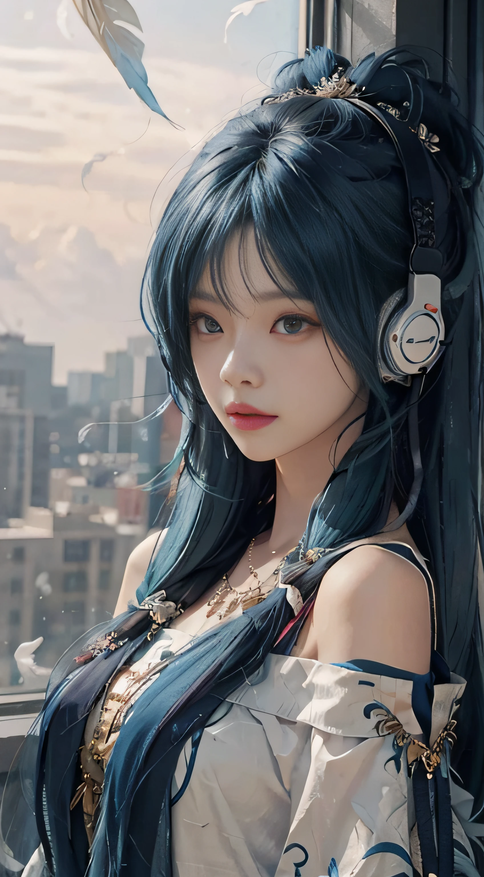 Blue hair,Extra-long hair,off shoulders,feather hair ornament,headphones around neck