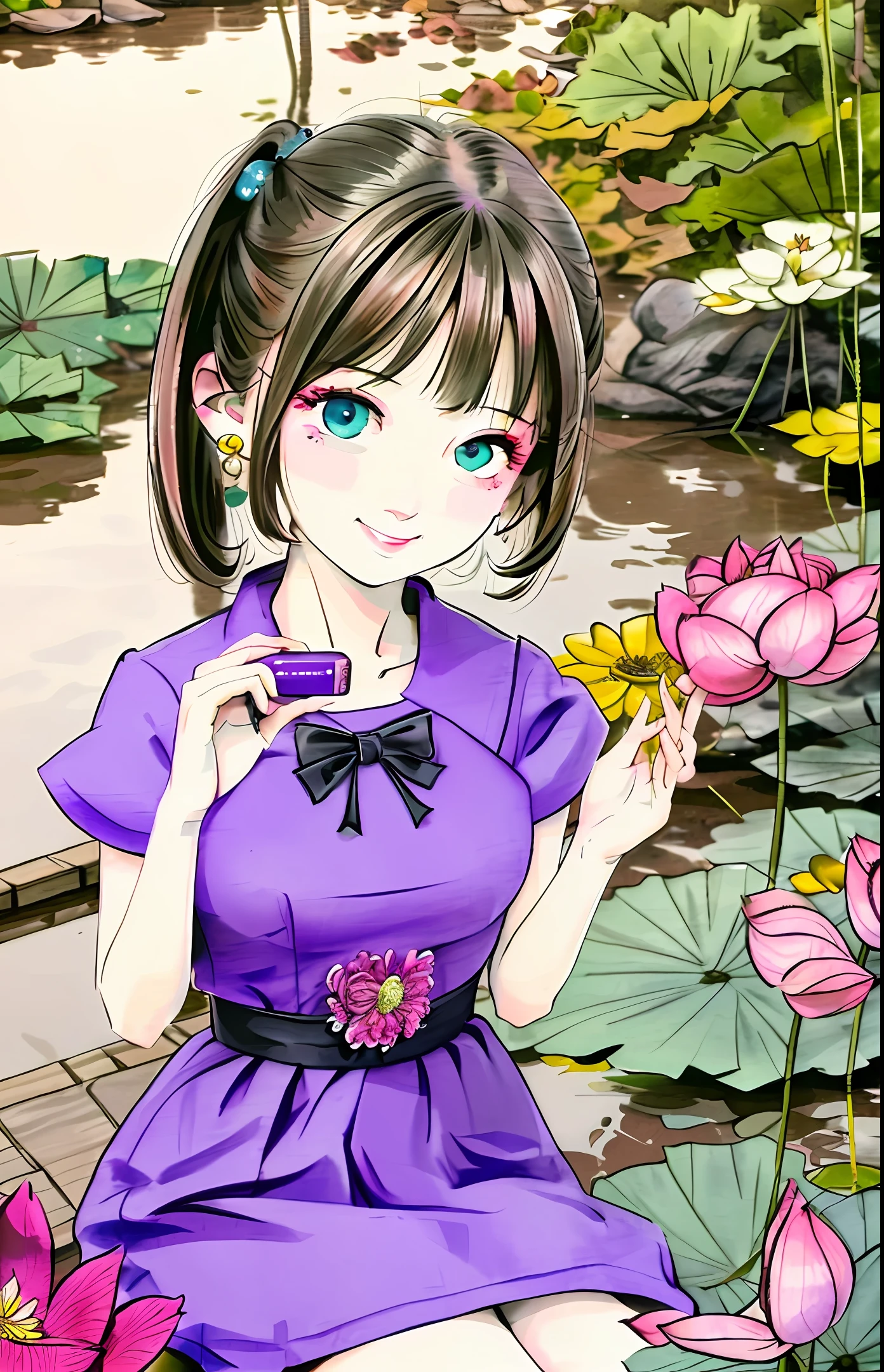 (A girl,Colored eyes,Brunette microcurl 1.4)
(Wearing a purple dress,Sit by the lotus pond,Pink lotus 1.5)
(Mobile phone holding lotus flower,Smile at the camera1.4)
(Bust photo shows 1.6)