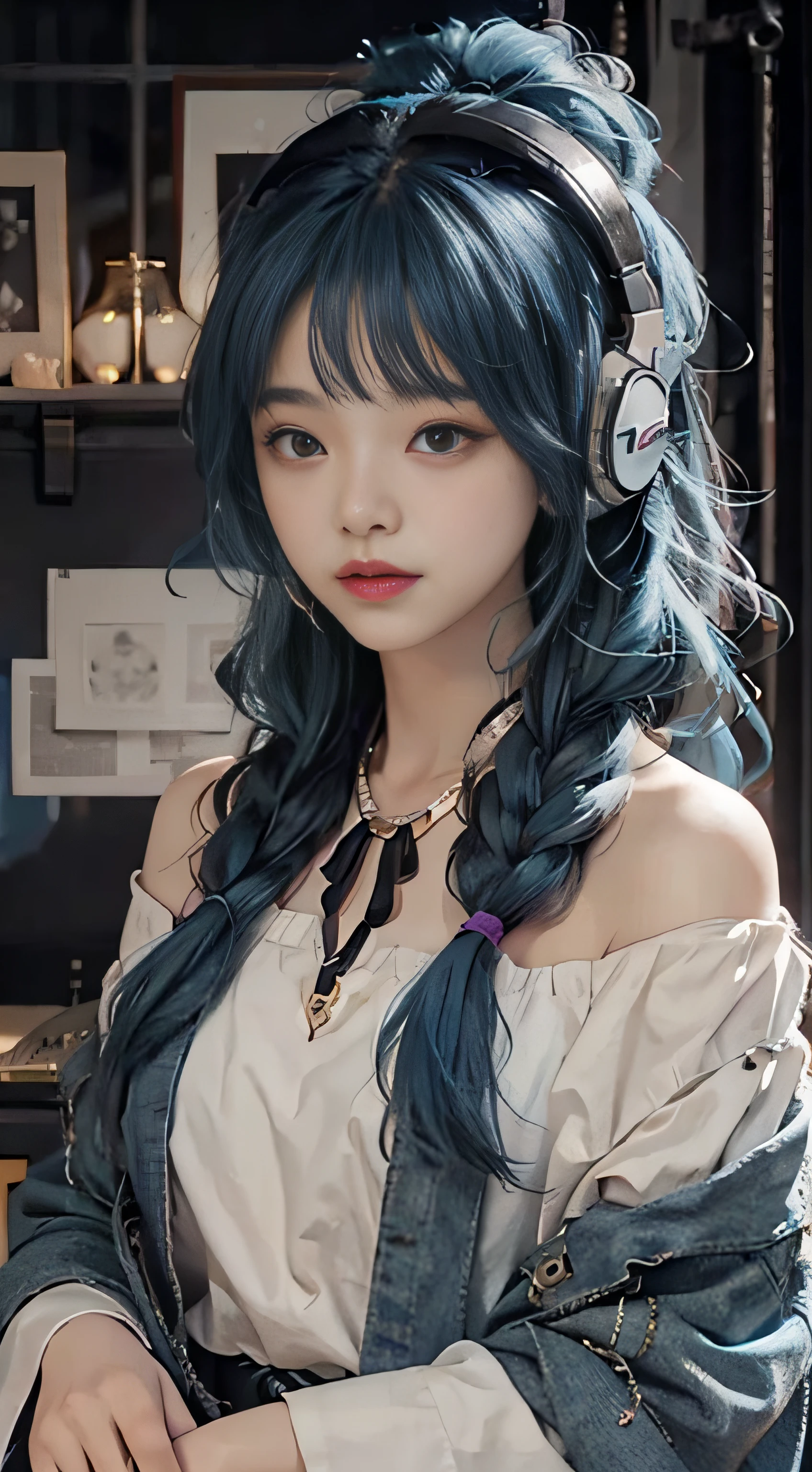 Blue hair,Extra-long hair,off shoulders,feather hair ornament,headphones around neck