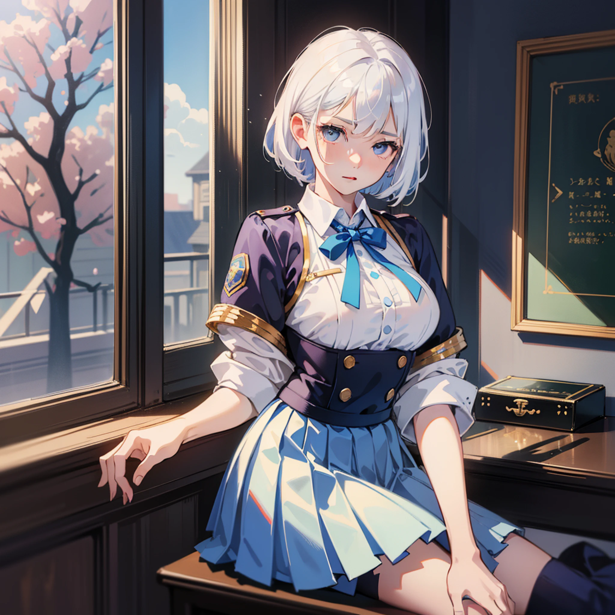 best quality,highly detailed,masterpiece,ultra-detailed,red pupils,expressionless,{{cute anime face}},{{{beautiful detailed eyes}}},white hair,cumulus,floating,mouldy,short hair,{Mechanical girl},cracked floor,Tables and chairs in disarray,cold attitude,damaged classroom,jacket,The residual eaves DuanBi,beautiful sky,{{{1girl}}},best quality,Dead end machine,{beautiful detailed girl},illustration,{broken robot},{{{masterpiece}}},wind --auto