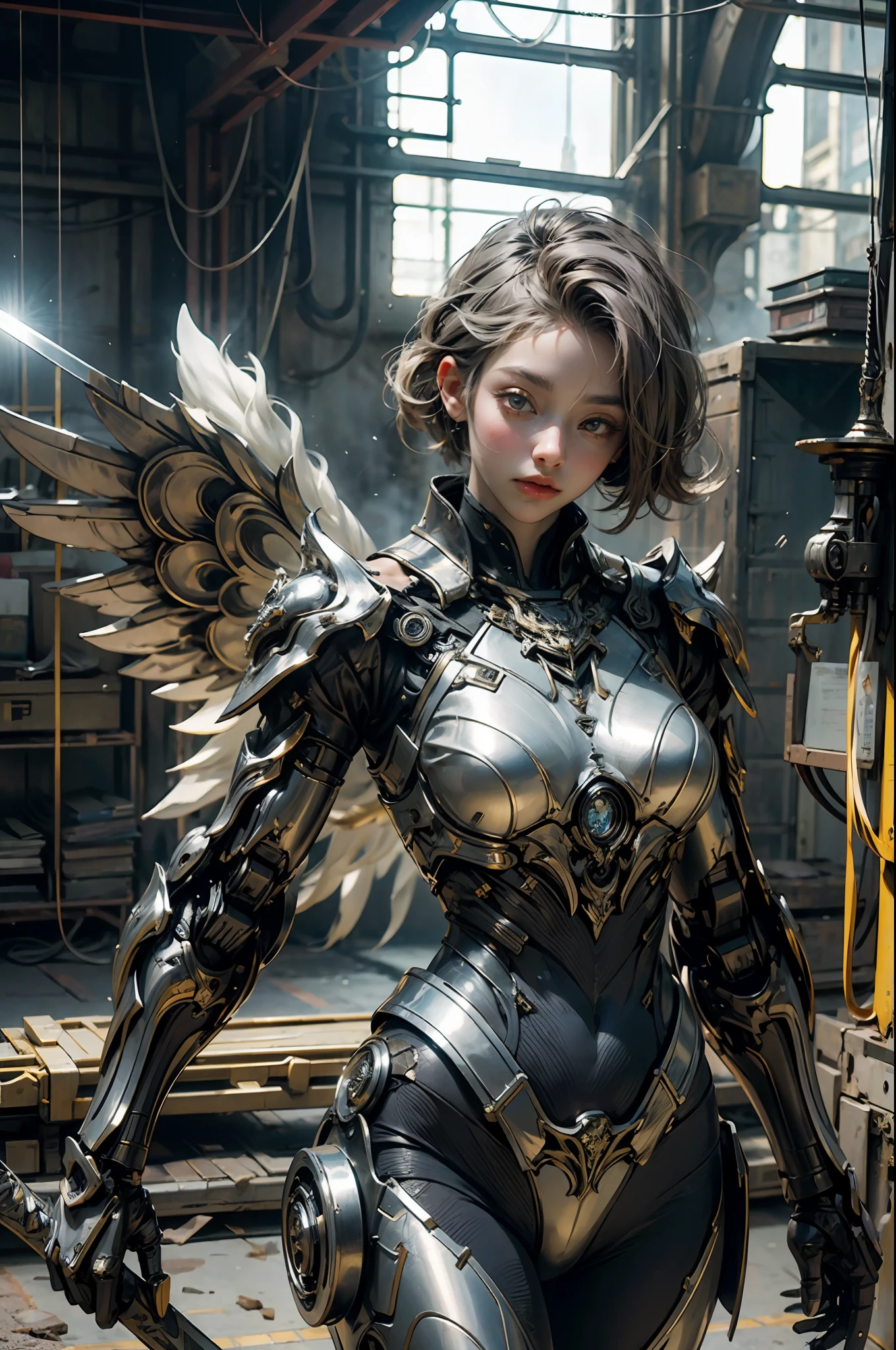 A huge silver female robot, big wings of light, a huge sword, a metallic shining body, heroic,, masterpiece, best quality, best quality, Amazing, beautiful detailed eyes, extremely detailed CG unity 8k wallpaper,