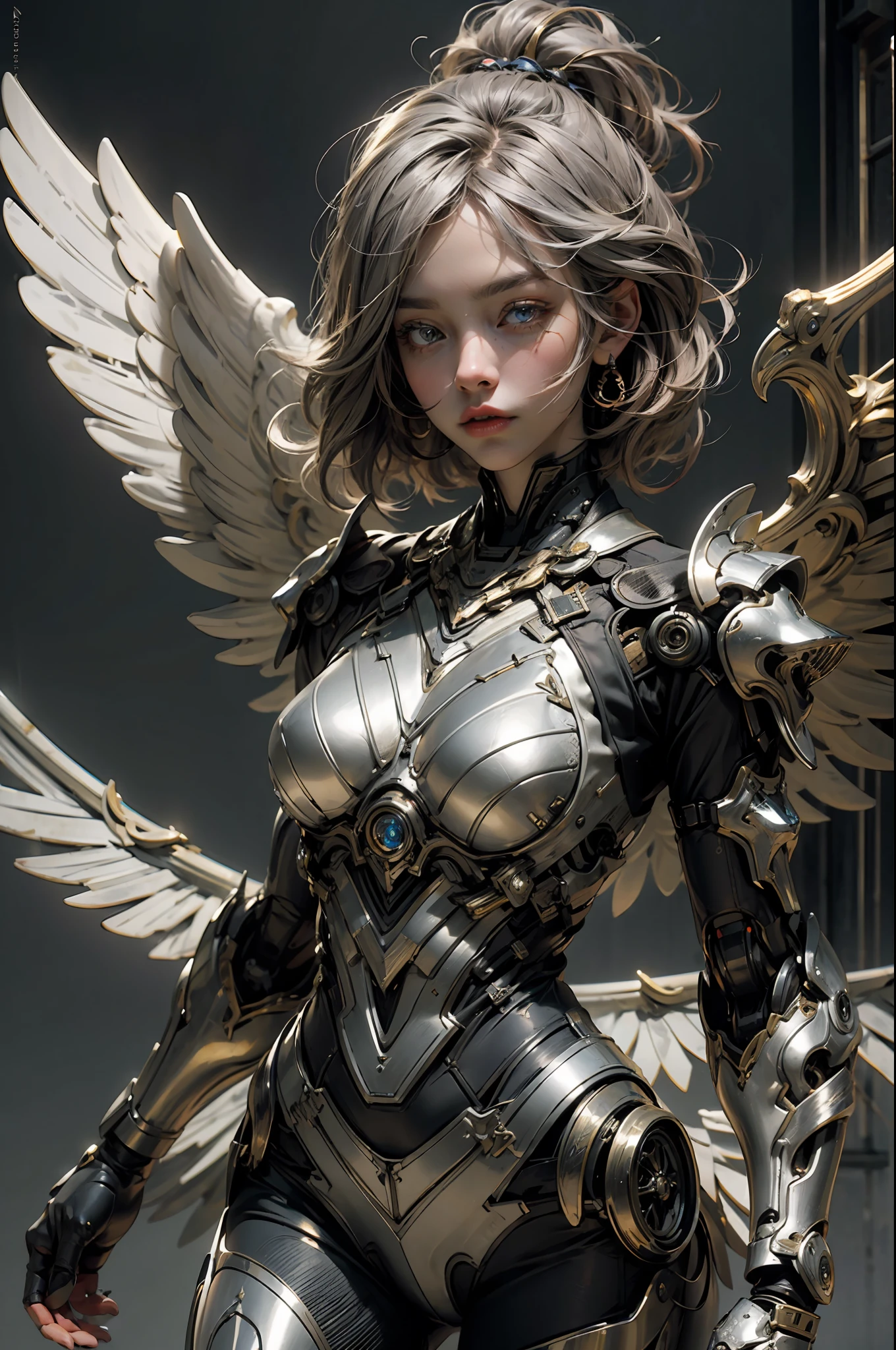 A huge silver female robot, big wings of light, a huge sword, a metallic shining body, heroic,, masterpiece, best quality, best quality, Amazing, beautiful detailed eyes, extremely detailed CG unity 8k wallpaper,