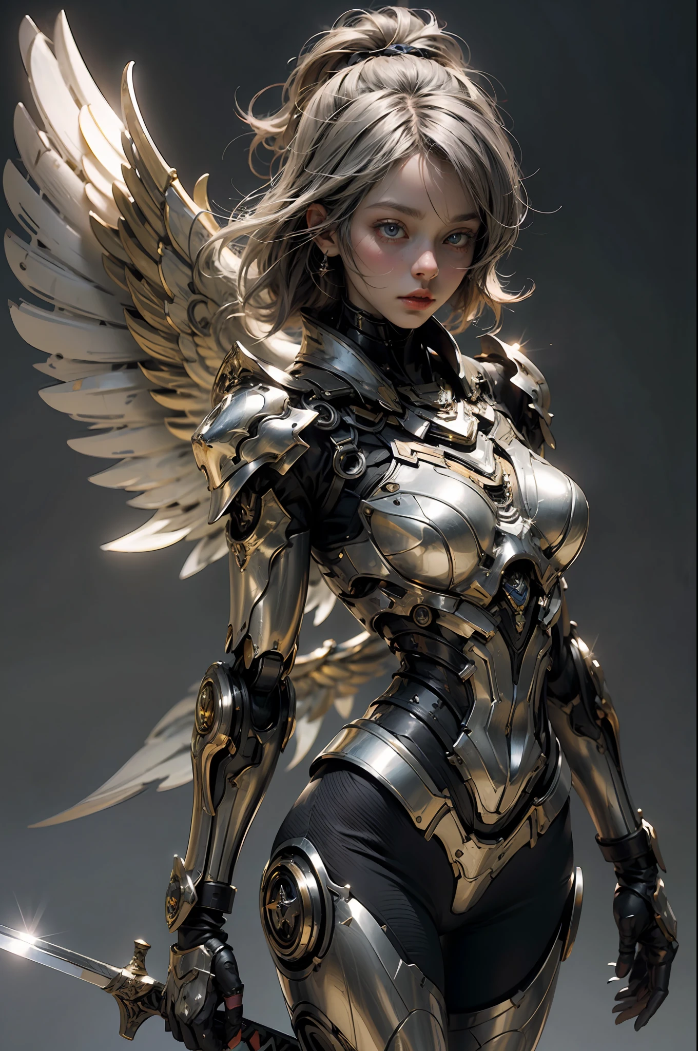 A huge silver female robot, big wings of light, a huge sword, a metallic shining body, heroic,, masterpiece, best quality, best quality, Amazing, beautiful detailed eyes, extremely detailed CG unity 8k wallpaper,
