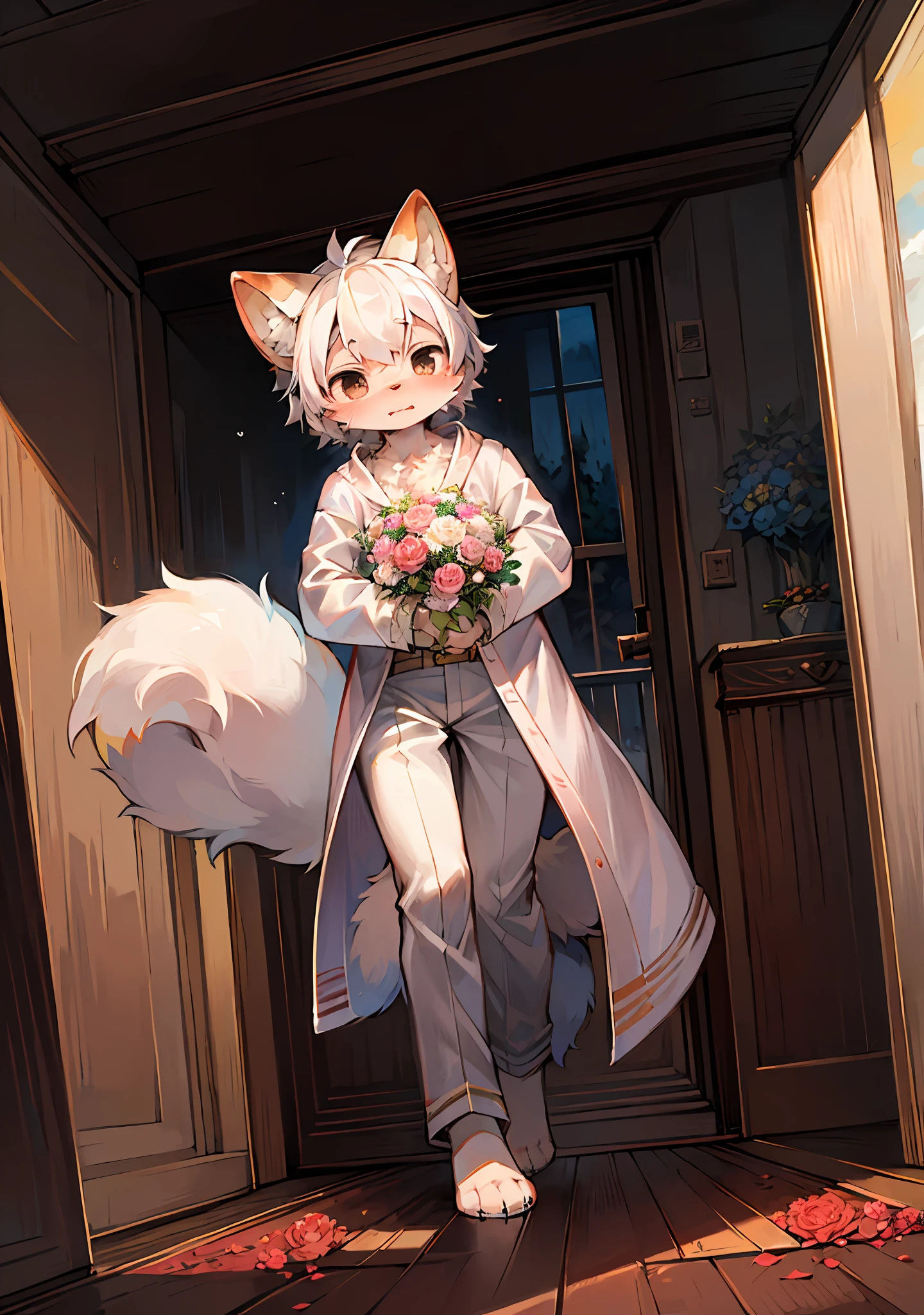 (Bright environment:0.8),Masterpiece,High quality,abstract res,Digital painting\(artworks\), By Dagasi, Yupa,Kiyosan,(anthro,Fluffy fur,Character focus:1.1),anthro male cat,Short hair,portrait , Bright eyes, View of whole room, Character focus.(detailedbackground:0.7), 独奏, shaggy, Hairy male, Male focus, anthr,(Full body fur, Fluffy tail, White fur, Black eyes, white colored hair:1.2), (long canines、Junior high school student、White robe,White top,White trousers:1.2),(Bright outdoors,clear skies,Azure sky,Bouquet,a paradise,Lake,Shy:1.1)
