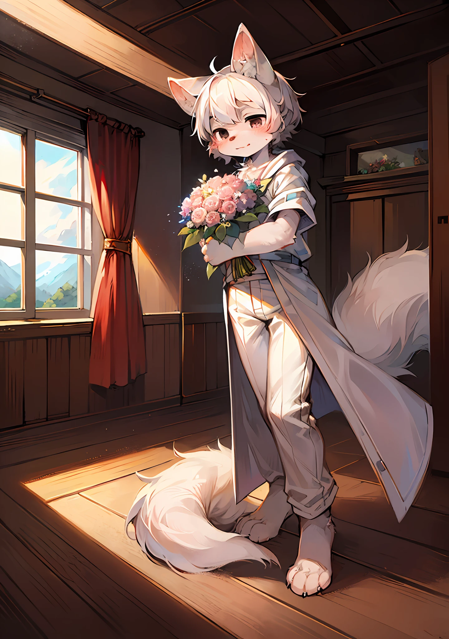 (Bright environment:0.8),Masterpiece,High quality,abstract res,Digital painting\(artworks\), By Dagasi, Yupa,Kiyosan,(anthro,Fluffy fur,Character focus:1.1),anthro male cat,Short hair,portrait , Bright eyes, View of whole room, Character focus.(detailedbackground:0.7), 独奏, shaggy, Hairy male, Male focus, anthr,(Full body fur, Fluffy tail, White fur, Black eyes, white colored hair:1.2), (long canines、Junior high school student、White robe，White top，White trousers：1.2），（Bright outdoors，clear skies，Azure sky，Bouquet，a paradise，Lake，Shy：1.1）