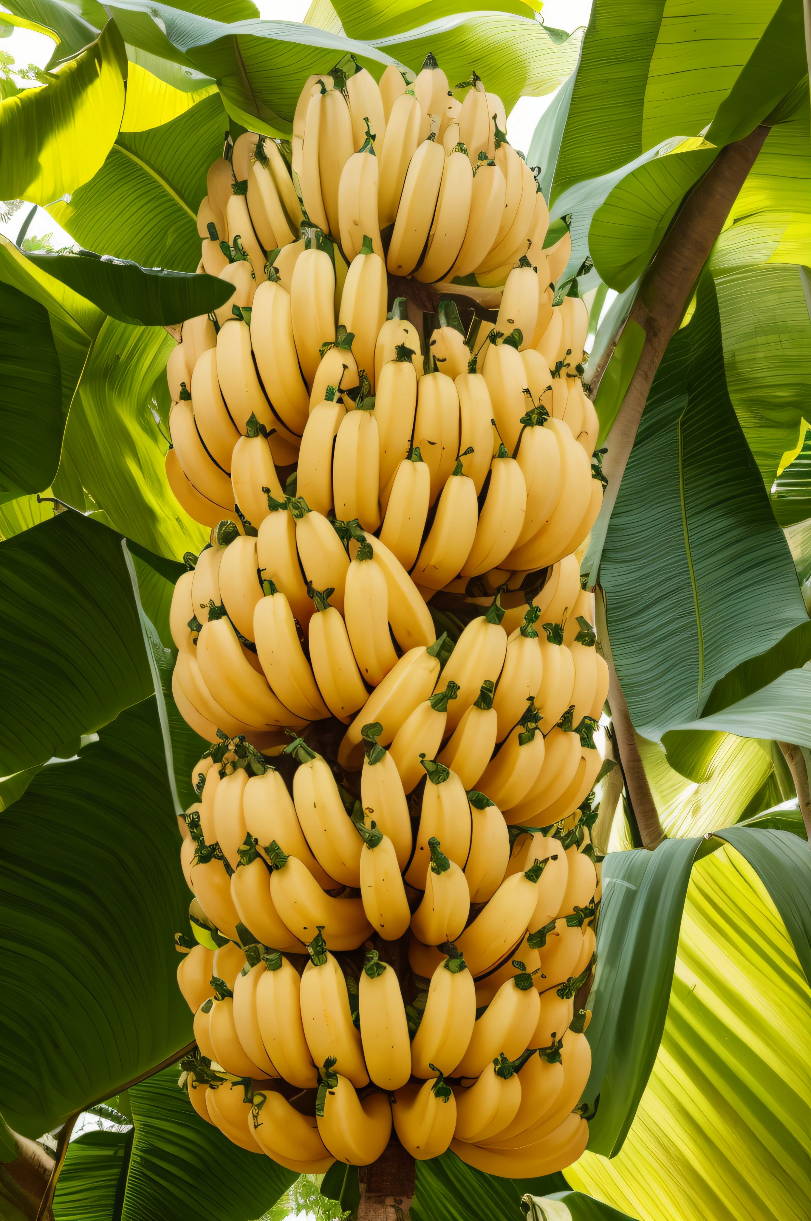 there is a large bunch of green bananas hanging from a tree, banana trees, clumps of bananas, bananas, giant bananas natural disaster, bananas, banana color, 3 4 5 3 1, istock, shutterstock, banana plants drawing, green, tropical fruit, elaborate composition, Palm, the banana blue gang, Texture, rich texture, Exceptional detail