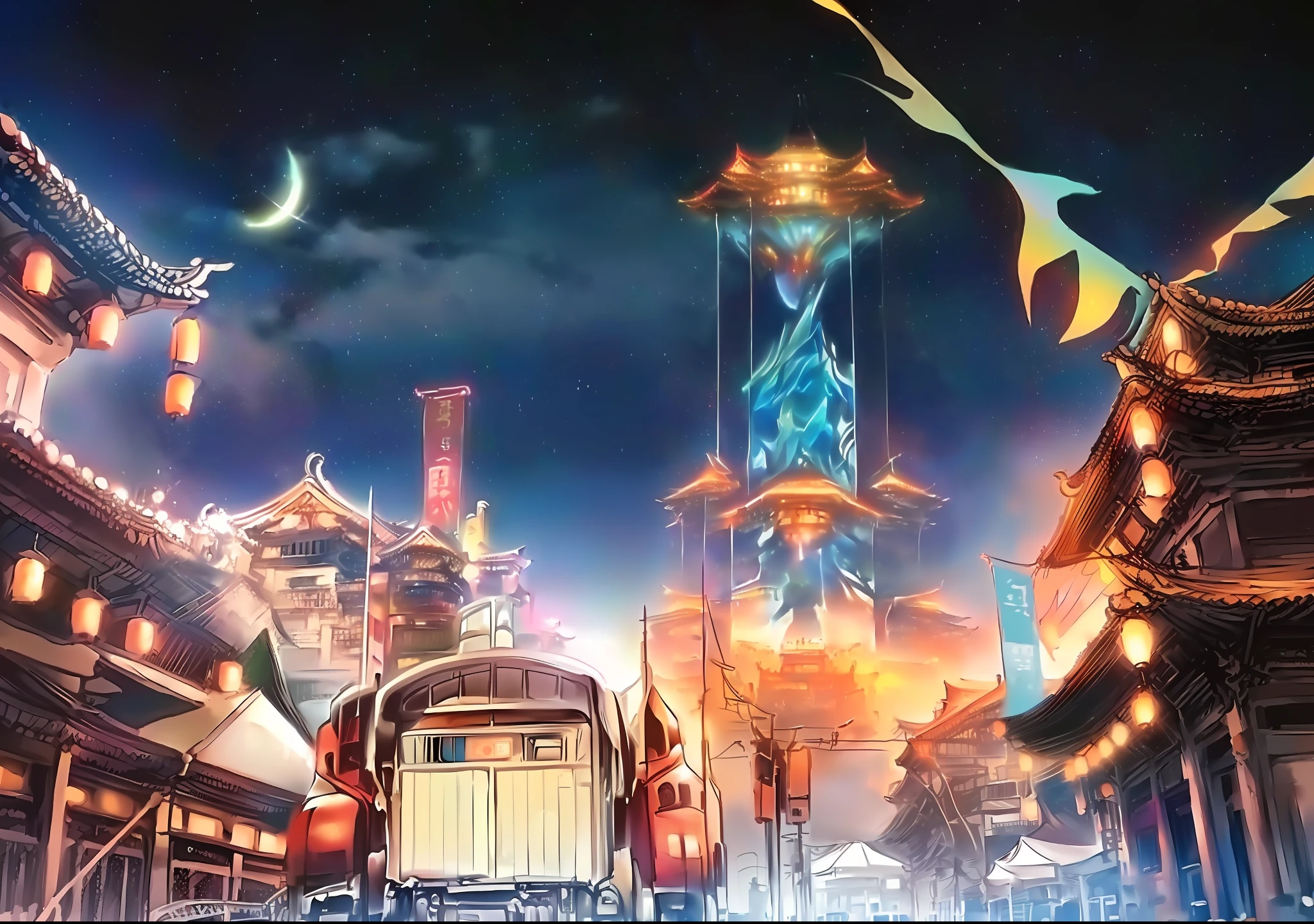 anime scene of a street with a train and a building, colorful kitsune city, colorful anime movie background, best anime 4k konachan wallpaper, Onmyoji detailed art, anime land of the lustrous, traditional japanese concept art, anime art nouveau cosmic display, summer festival night, anime style cityscape, Anime fantasy artwork, anime”, “ anime, full - view。Classical Chinese night view