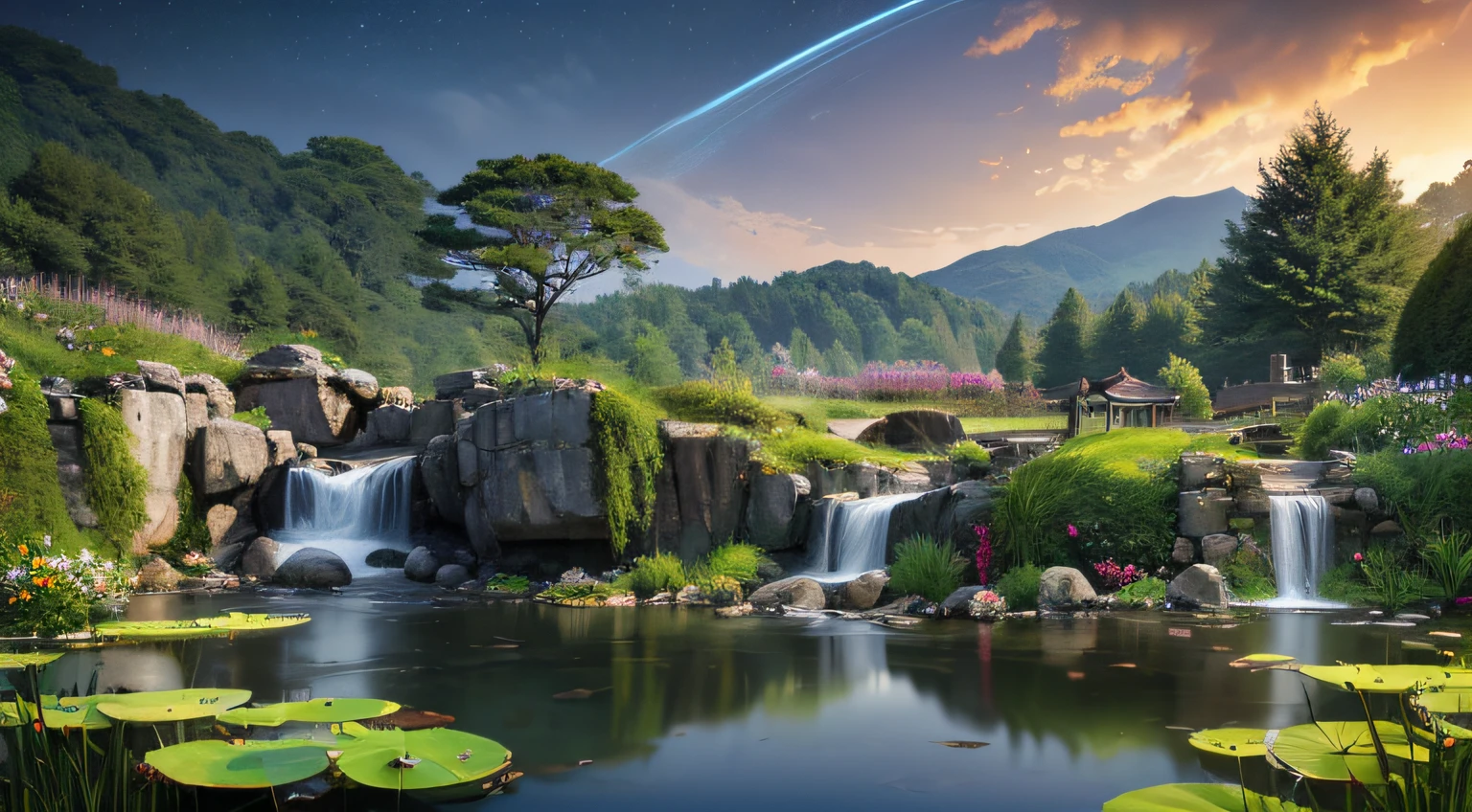 Ancient Chinese architecture, garden, bamboo, lake, stone bridge, rockery, arch, corner, rockery, tree, flowing water, landscape, outdoor, waterfall, meadow, rock, water lily, stream, lotus, night view, dark, horror, hot springs, water vapor, (illustration: 1.0), epic composition, realistic lighting, high-definition detail, masterpiece, best quality, (very detailed CG unified 8k wallpaper), (best quality)