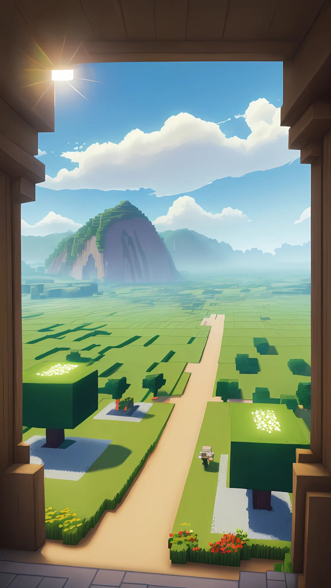 high picture quality、High resolution、with a realistic、Be authentic、beautifly、amazing landscape、Minecraft、 Studio Ghibli Hayao Miyazaki's petal meadow, blue sky and white clouds --v6