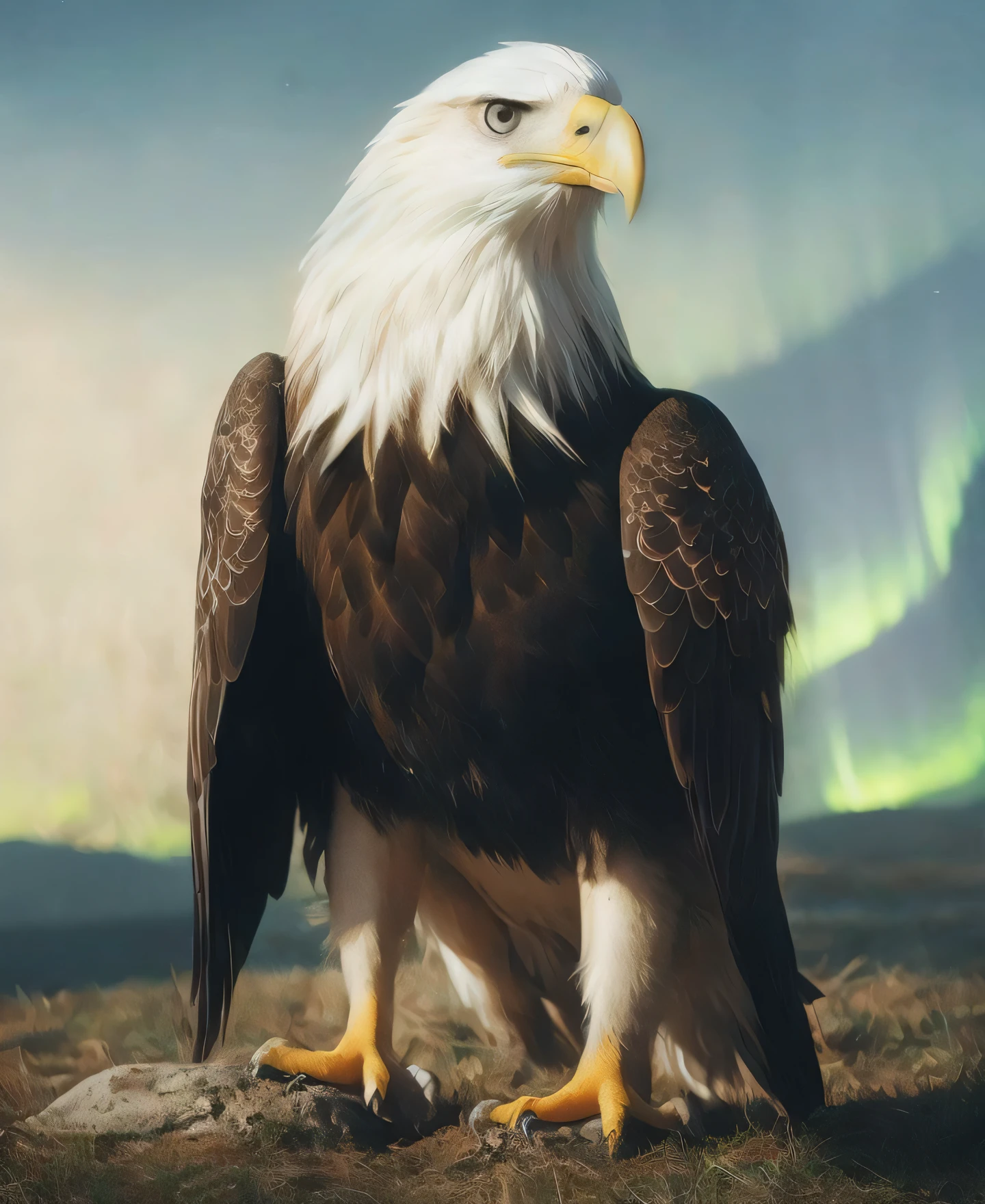 "The cinematic lighting captures the majestic anatomy of a realistic eagle in Iceland, tendo como pano de fundo a Aurora Boreal. High-resolution details and precise anatomy make the UHD image, 16k, estourar com realismo."