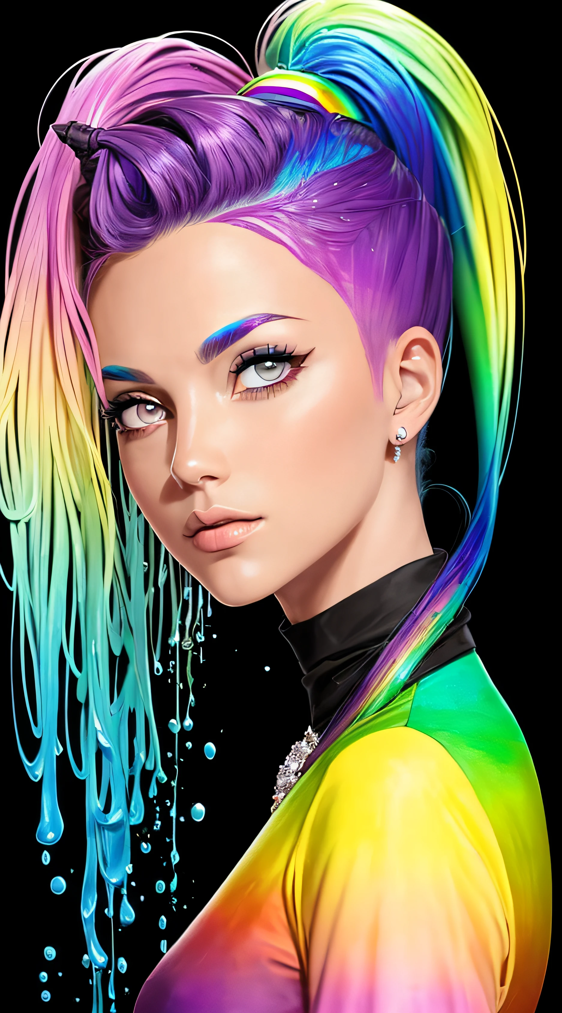 Foto de Jennifer Esposito,fotorrealista,(Camiseta Rosa Moda: 1.9),(Cor do Cabelo: 1.8), (all colors of the rainbow: 1.8),((((pintura vertical:1.6))), (pintura: 1.6),testa, Comics, Illustrations, Tintas, olhos grandes, olhos de cristal,( high ponytail rainbow color gradient:1.7), maquiagem requintada, boca fechada,(Pequeno fresco: 1.5),(Peito limpo: 1.5),(Peito limpo: 1.5) 1.6), longeyelashes, camiseta branca off-shoulder, camisa branca do ombro, looking at the audience, grandes olhos lacrimejantes, (rainbow hair color:1.6), salpicos de cor, (somente: 1.8), respingo de cor, Color explosion, estilo de pintura grossa, messy lines, ((brilhante)), (Colouring), (Colouring), (Colouring), Colouring, estilo de pintura grossa, (chapinhar) (salpicos de cor), pintura vertical, parte superior do corpo, Splatter de tinta, Acrylic Pigment, gradiente, pintar, A mais alta qualidade de imagem, very high quality, Masterpiece, floor, profundidade de campo, pintura facial, roupas coloridas, (elegante: 1.2), Beautiful, Cabelos Longos, vento, (elegante: 1.3), (Petals: 1.4),((Masterpiece))),((melhor qualidade))),((ultra-detalhado)),(ilustration),(angle dynamic),((Flutuante)),(pintura),((cabelos desgrenhados)),(somente),(1Menina) , (((Rosto anima detalhado))),((Rosto anima detalhado)),(rosto bonito e detalhado )),colar,ombros nus,cabelos brancos, ((Cabelos Coloridos)),((cabelo listrado)),(olhos detalhados bonitos,(gradient color eyes),((Eye Colorations))),(((Background Coloring ))),(high saturated))),((surrounded by splashes Colorings))), --auto