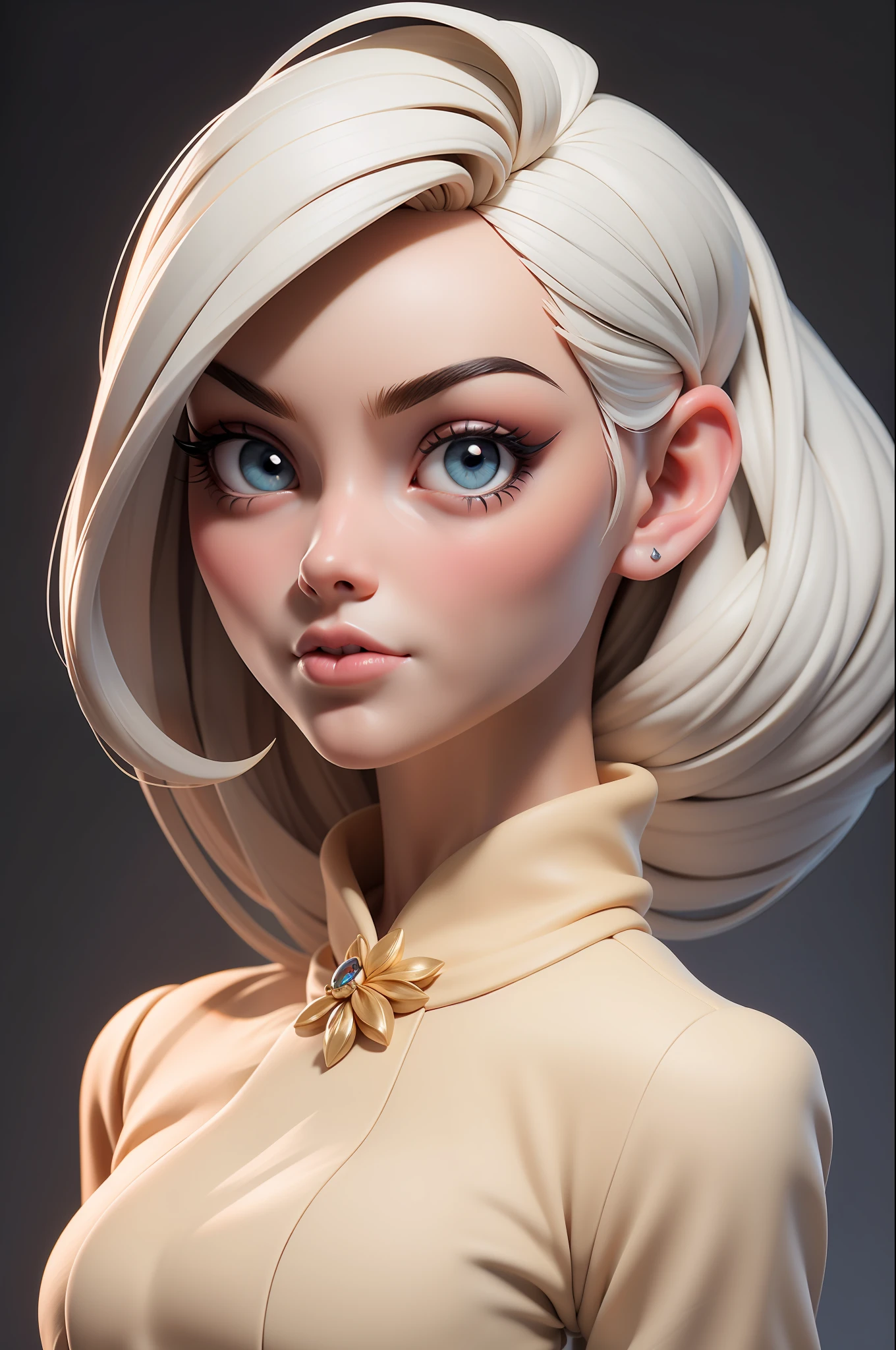 obra-prima, melhor qualidade, trabalho de rending 3d, estilo 3DMM, close-up, retrato, 3D, 1girl, solo, cabelo branco, cabelo longo, colar, sardas, joias, olhando para o lado, realista, parte superior do corpo, fundo simples, franja, olhando para longe, lips parted, olhos Azuis , gargantilha, maquiagem, vestido, super realista, pin up