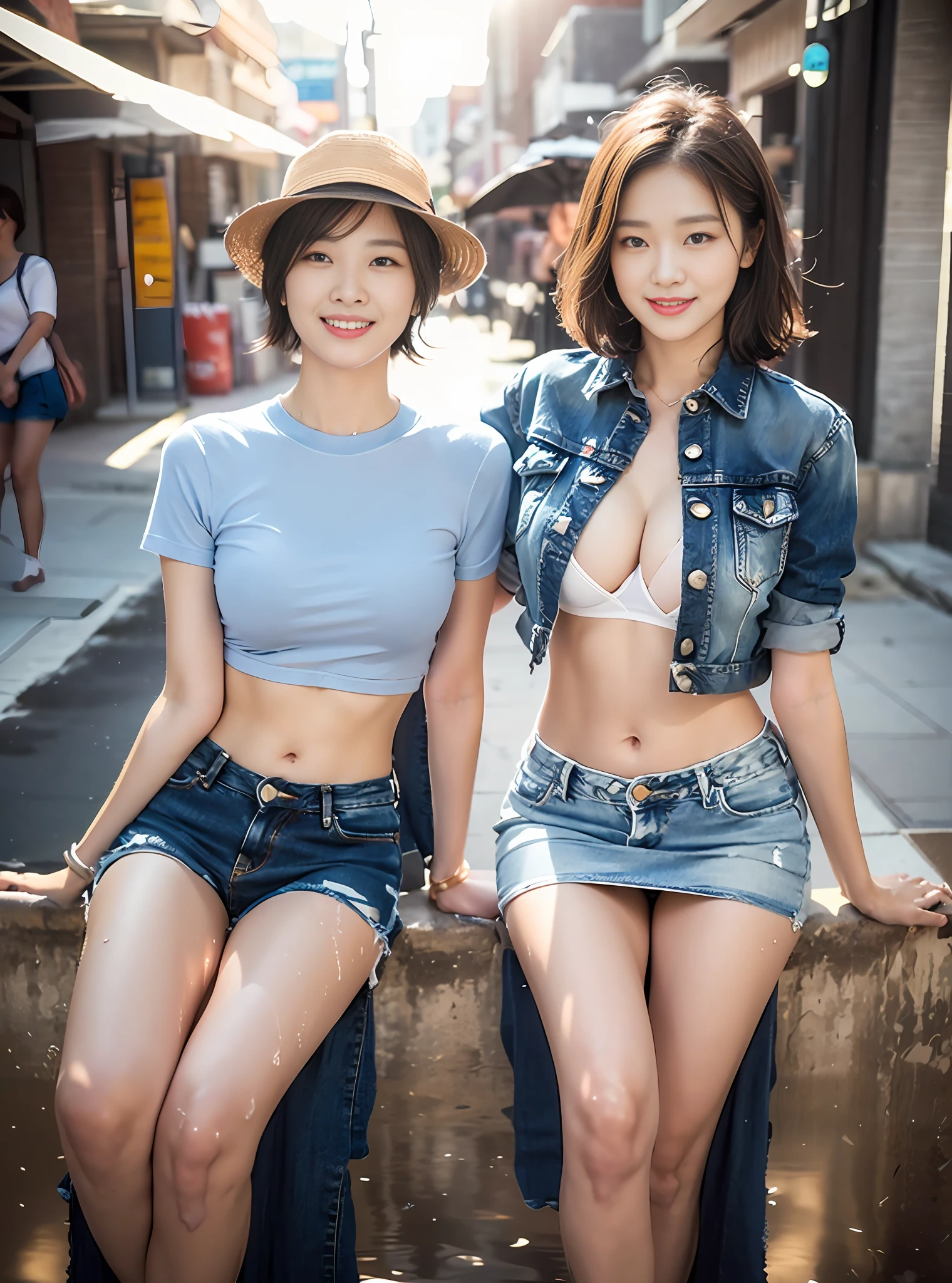 ((Best Quality, 16k, HD Masterpiece: 1.3)), Focus: 1.2, 2 Perfect Body Beauties: 1.2, Slim Waist: 1.2, Buttocks: 1.2, (( Fashion Short Straight Distribution: 1.5, Big Breasts and Beautiful Tits: 1.2)), (Wet Clothes: 1.1) , (Rain, Street:1.3), Sheer Short T-Shirt: 1.1, ( Denim Short Skirt, Open Belly Button, Perfect white thighs: 1.2, fair and round calves: 1.2, white and tender toes: 1.2), fashion brand stiletto heels: 1.2, highly detailed face and skin texture, delicate eyes, double eyelids, whitened skin, smile: 1.2, happiness: 1.2, teeth, tongue, (eyes, lip gloss, pores, super detail, face super realistic detailed), wide lighting, natural shadows, sitting, shooting the whole body: 1.8