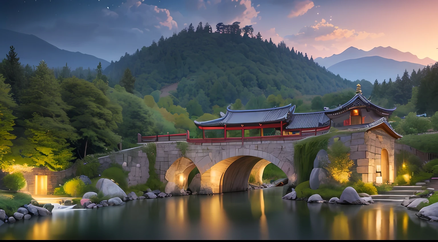 Ancient Chinese architecture, garden, bamboo, lake, stone bridge, rockery, arch, corner, rockery, tree, flowing water, landscape, outdoor, waterfall, meadow, rock, water lily, stream, lotus, night view, dark, horror, hot springs, water vapor, (illustration: 1.0), epic composition, realistic lighting, high-definition detail, masterpiece, best quality, (very detailed CG unified 8k wallpaper), (best quality)