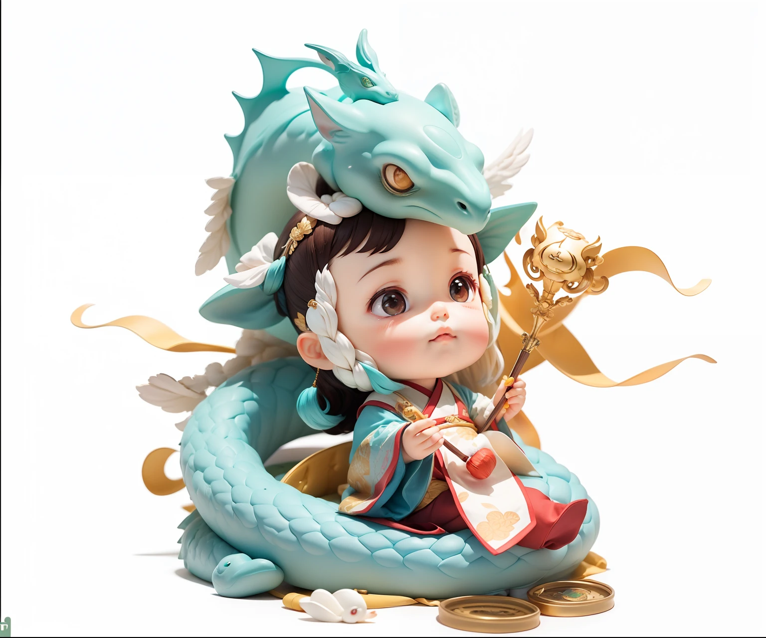 A  sitting in the arms of a dragon，Wear Hanfu and hold brushes and scrolls