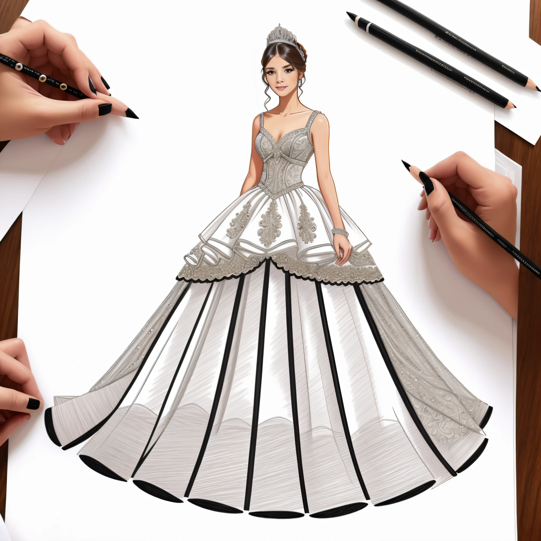 draw a fashion pencil sketch for a very puffy quinceanera with tulle skirt, rhinestones, ((ruffles)), ((embroidery at the bottom of the skirt)), hyper detailed, master pice