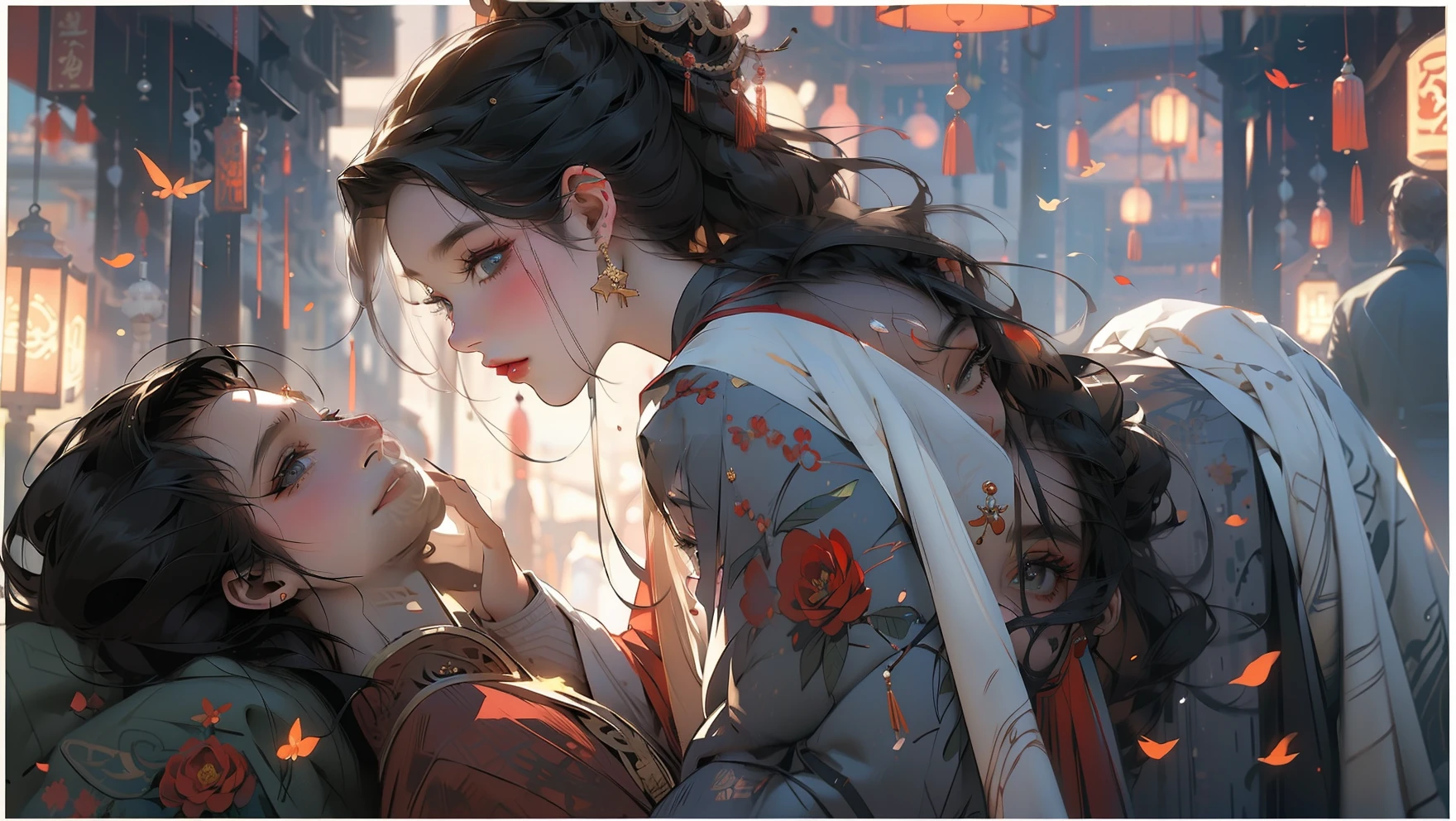 The two looked at each other,Side face,A man and a woman,The girl presses down the boy,two-dimensional,Smooth hair,best qualiy,master-piece,hyper detailed,Extreme detail,8k壁紙,Realistic details,Cinematic Lights,dynamicangle,World Mastery Theatre,best qualiy,Extremely delicate,Perfect face,exquisite facial features,The Perfect Hand,Delicate lashes,exquisite eyes,Ancient Chinese hairstyle,Red lanterns,the golden ratio,Melancholy expression,grin,rose petals,Light and shadow tracking,