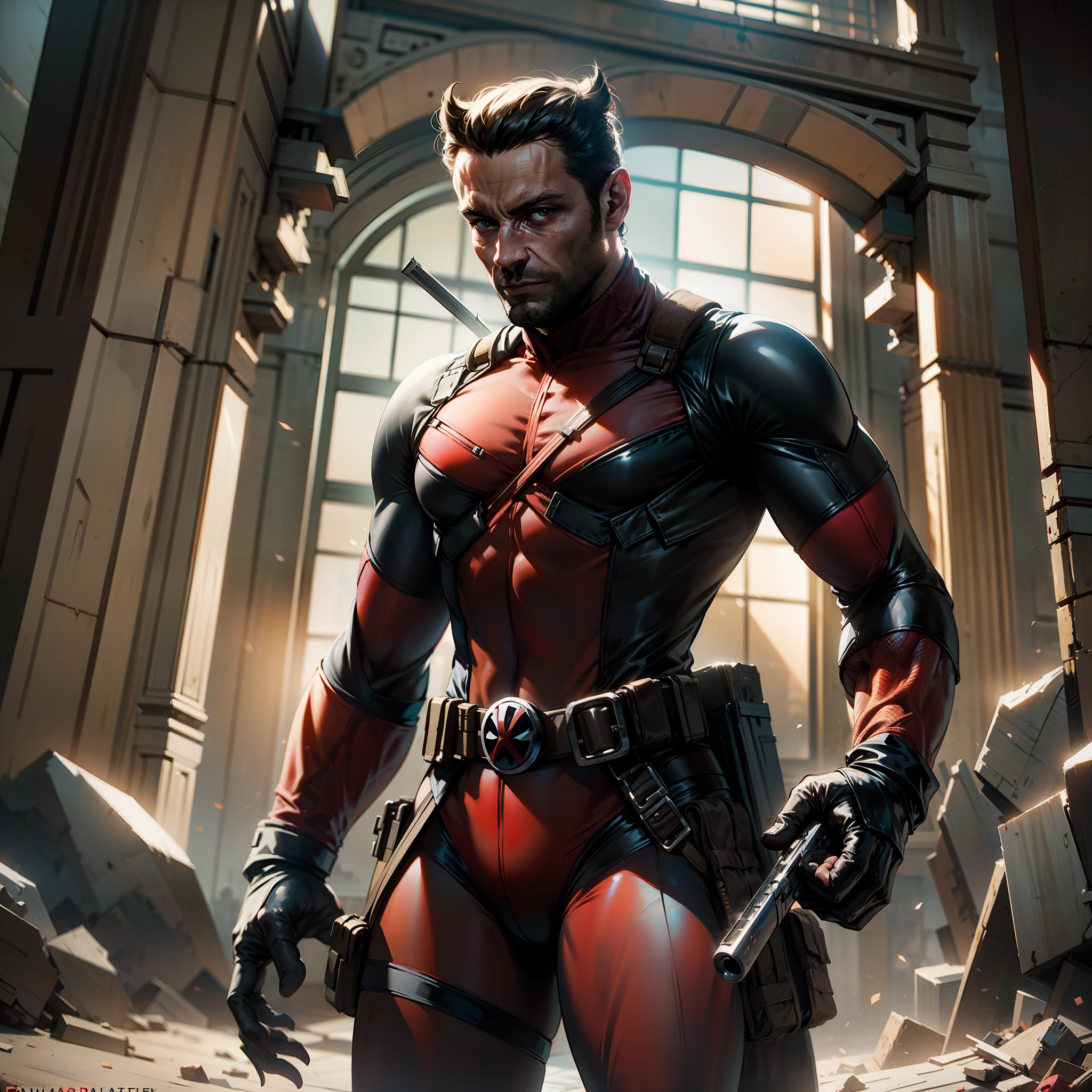 Wolverine mashup Deadpool, altamente detalhado, obra prima, luz natural, filtro de filme, 8k, ultra HD.