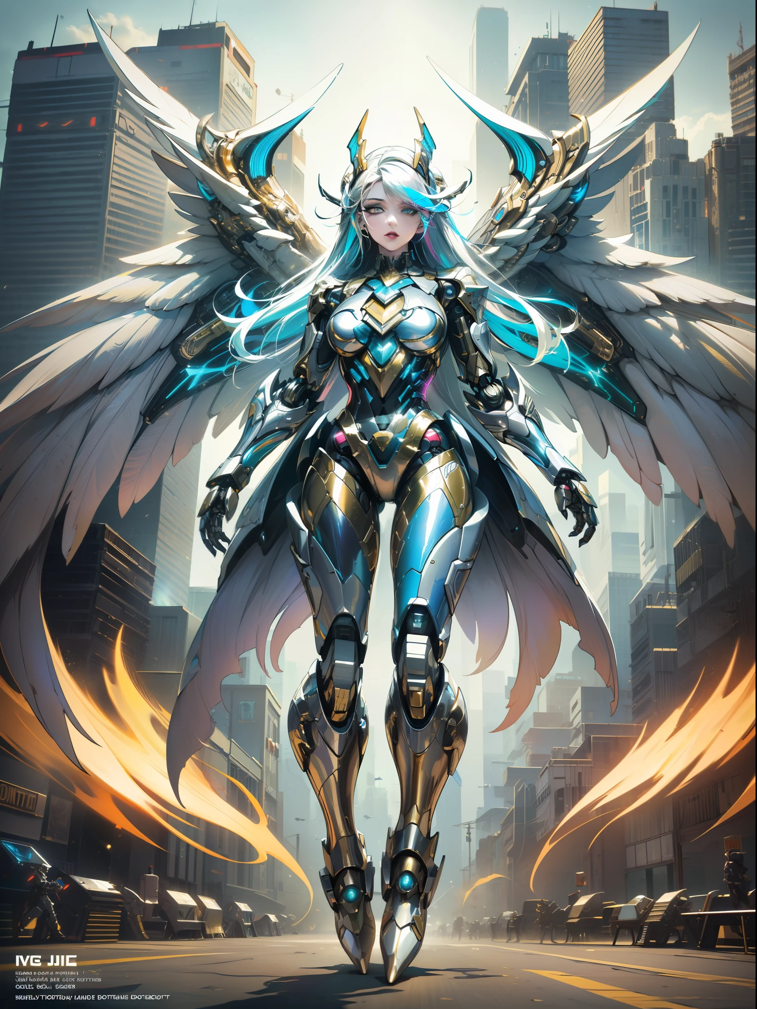 masterpiece, absurdres, best quality, illustration, cinematic light, ultra detailed,  1girl, (long white floating hair,detailed eyes, flying,detailed colorful suits, metallic shine,colorful robot joints，robot booster,full body:1.3)，(cyberpunk city),(detailed metallic wings:1.4)