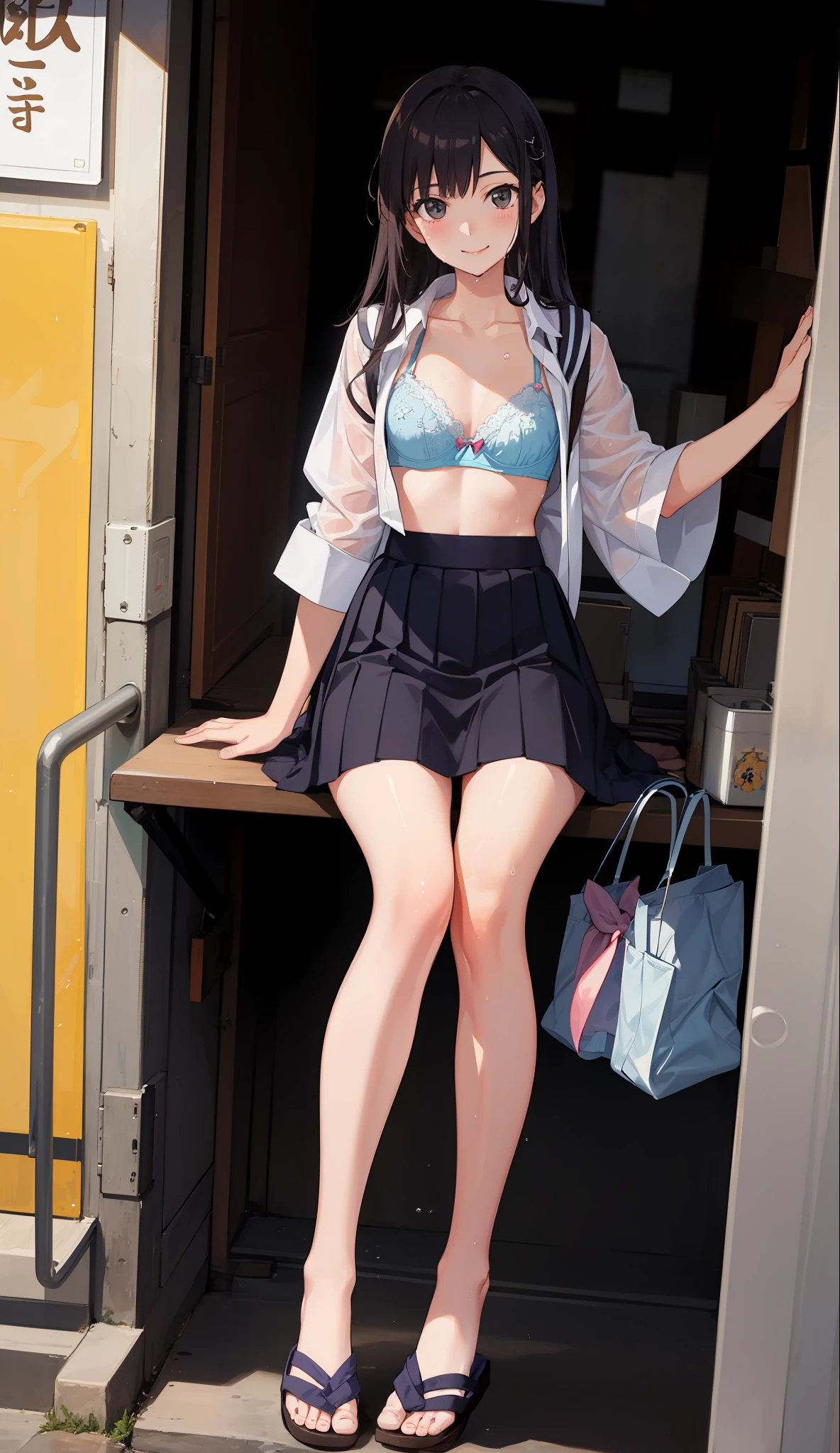 1 girl, smile, shirt, skirt, (small) chiralism, Japan high school school uniform, seravuk, summer clothes, squall-wet uniform, sheer bra, (portrait from knee up),