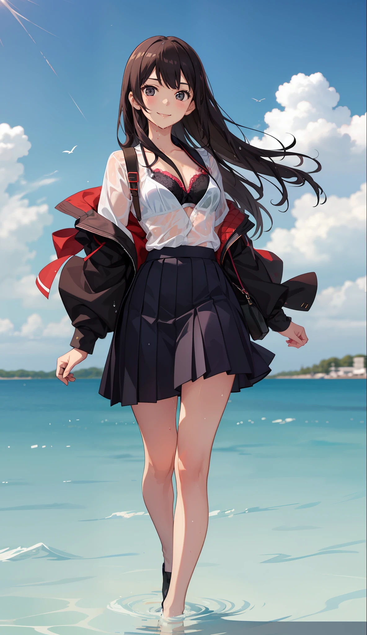 1 girl, smile, shirt, skirt, (small) chiralism, Japan high school school uniform, seravuk, summer clothes, squall-wet uniform, sheer bra, (portrait from knee up),